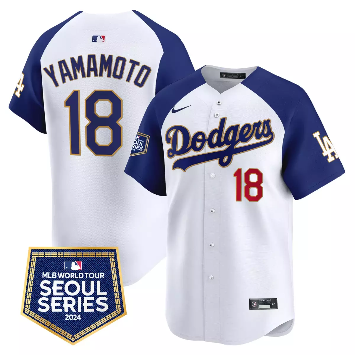 los angeles dodgers 18 yamamoto white jersey 2024 world tour seoul series patch vapor premier limited all stitched 40t