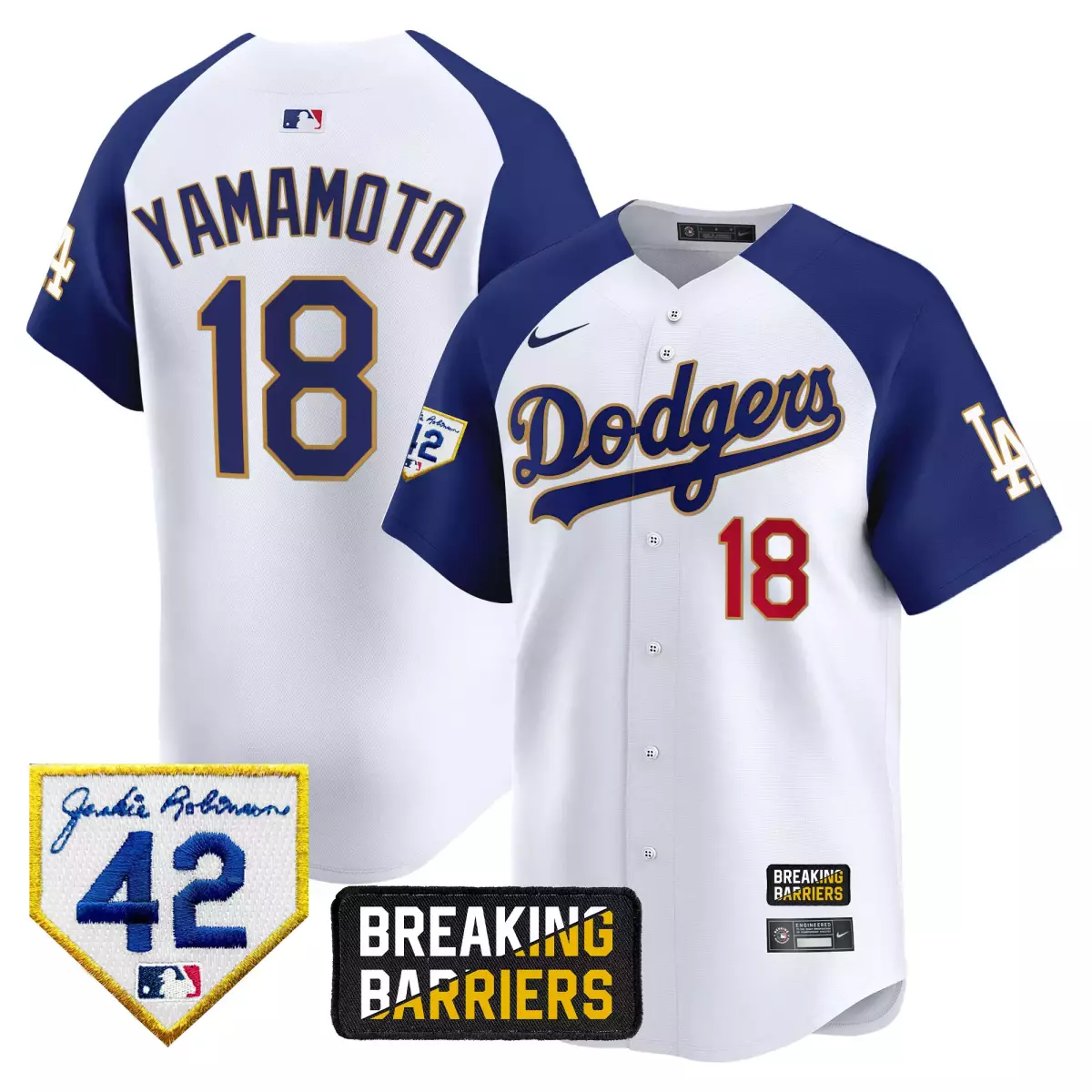 los angeles dodgers 18 yamamoto navy jersey jackie robinson breaking barriers patch vapor premier limited all stitched