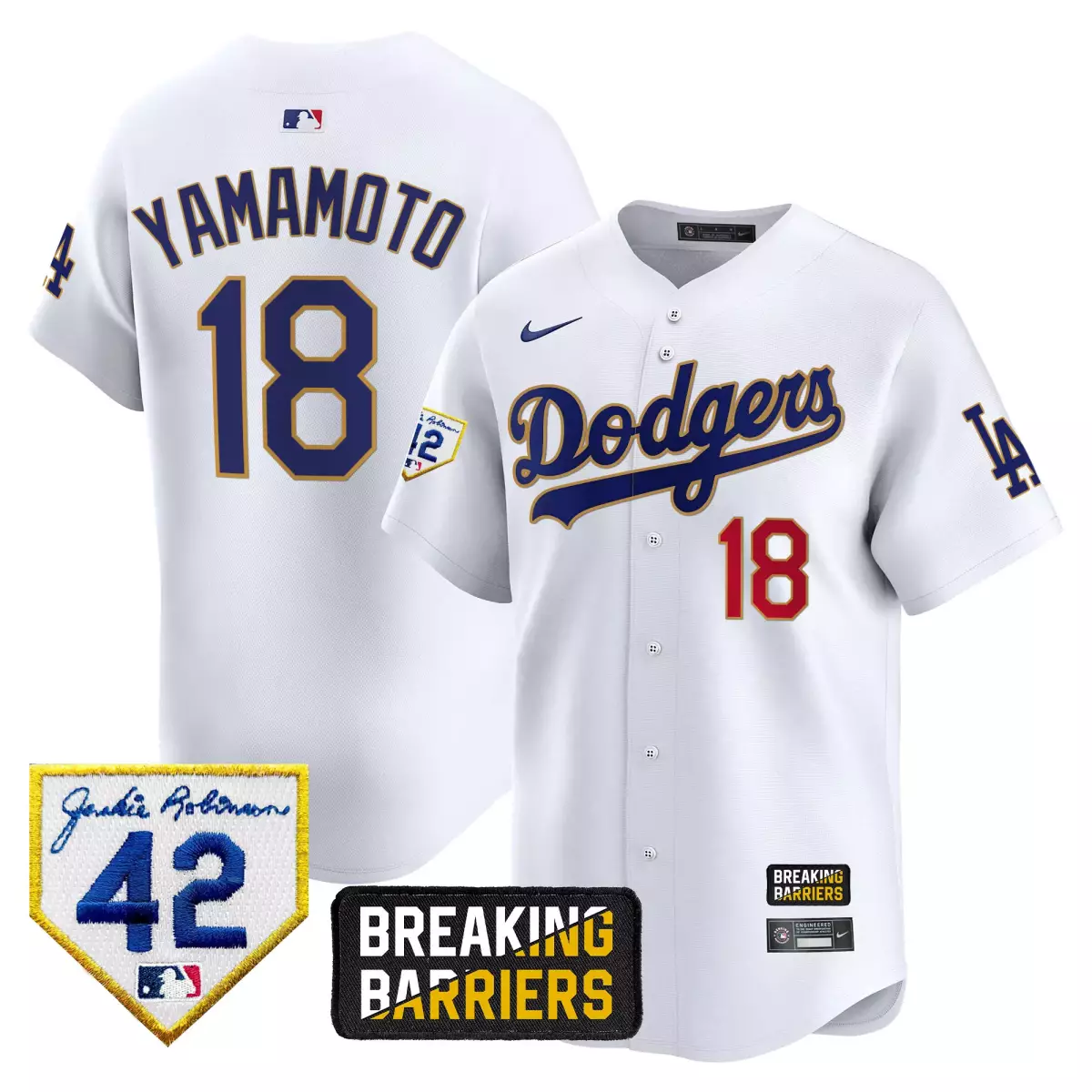 los angeles dodgers 18 yamamoto navy jersey jackie robinson breaking barriers patch vapor premier limited all stitched