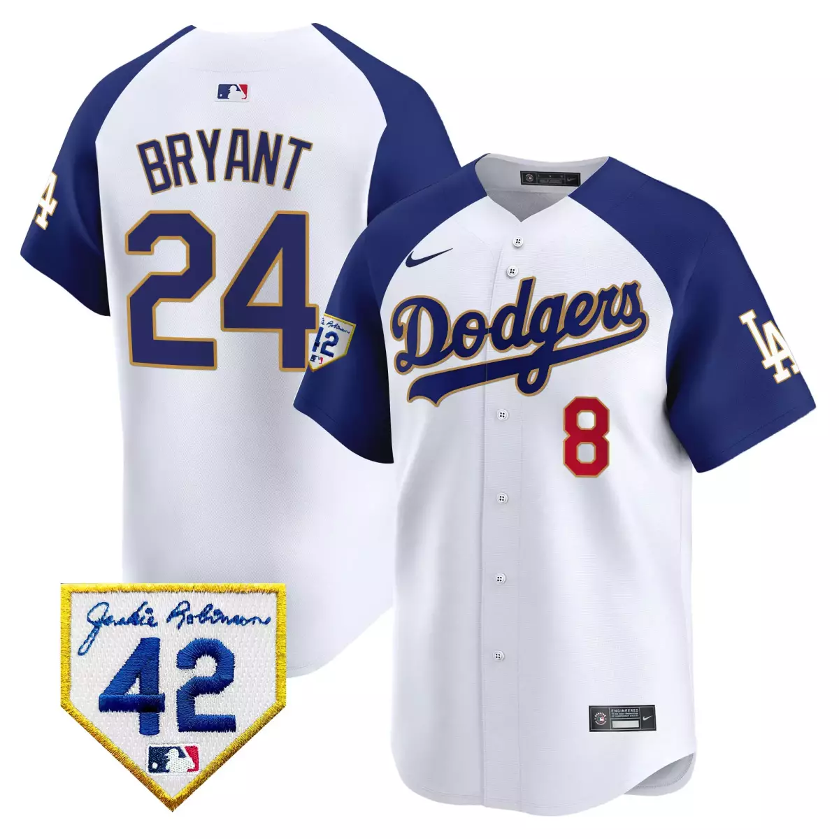 los angeles dodgers 24 kobe bryant white jersey 2024 jackie robinson patch vapor premier limited all stitched k1x
