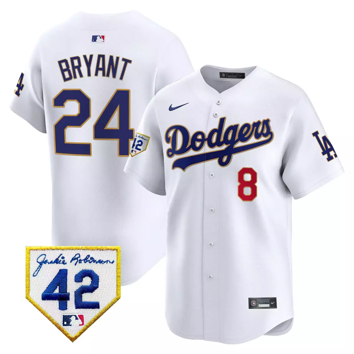 los angeles dodgers 24 kobe bryant white jersey 2024 jackie robinson patch vapor premier limited all stitched k1x
