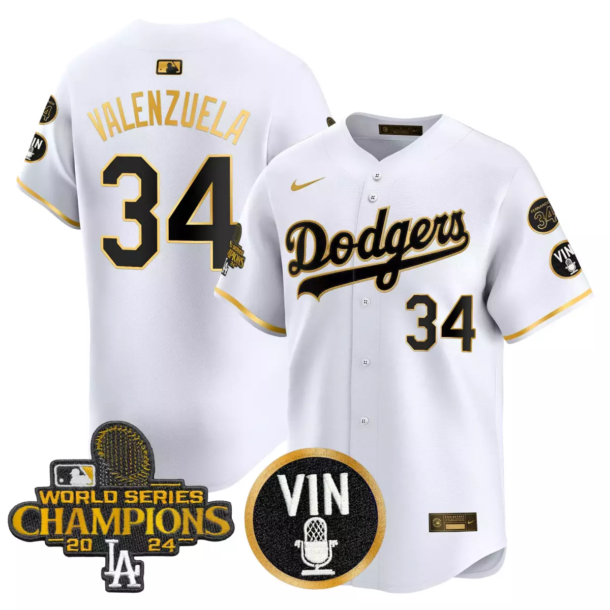 los angeles dodgers 34 valenzuela white gold jersey 2025 vin scully 34 fernando patch gold vapor premier limited all sti