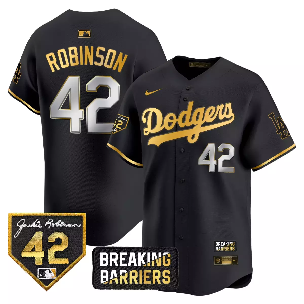 los angeles dodgers 42 robinson black gold jersey jackie robinson breaking barriers patch vapor premier limited all stit