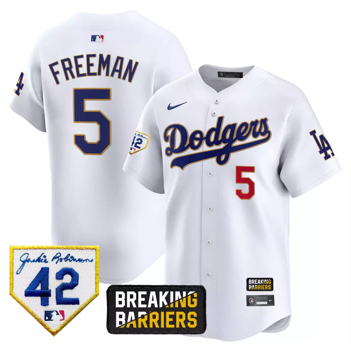 los angeles dodgers 5 freeman white jersey jackie robinson breaking barriers patch vapor premier limited all stitched aj