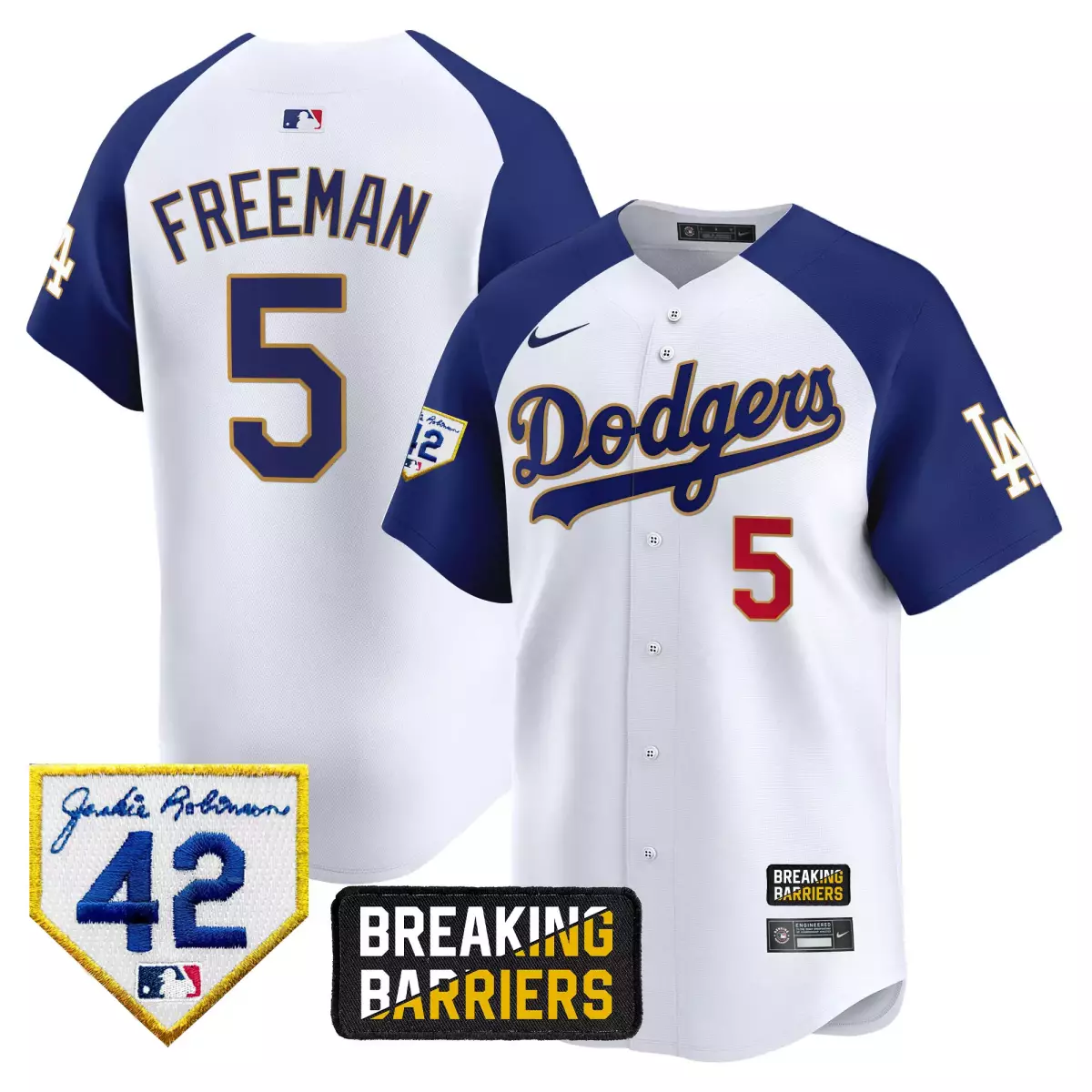 los angeles dodgers 5 freeman white jersey jackie robinson breaking barriers patch vapor premier limited all stitched aj