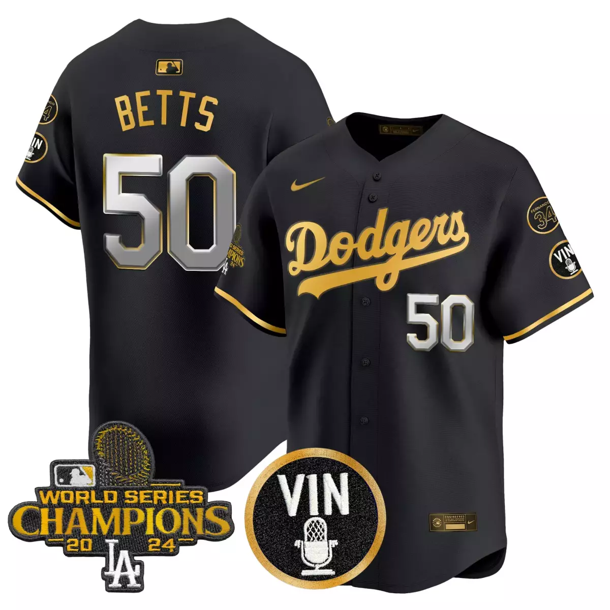 Betts Los Angeles Dodgers 2025 Vin Scully Black Gold Jersey | Limited Edition Premier Fan Gear | For Men, Women & Youth