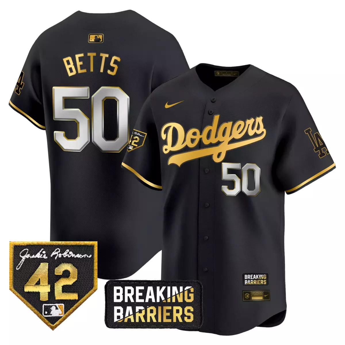 Betts Los Angeles Dodgers Black Gold Jersey | Jackie Robinson Breaking Barriers Patch | Limited Edition Premier Gear | For Men, Women & Youth