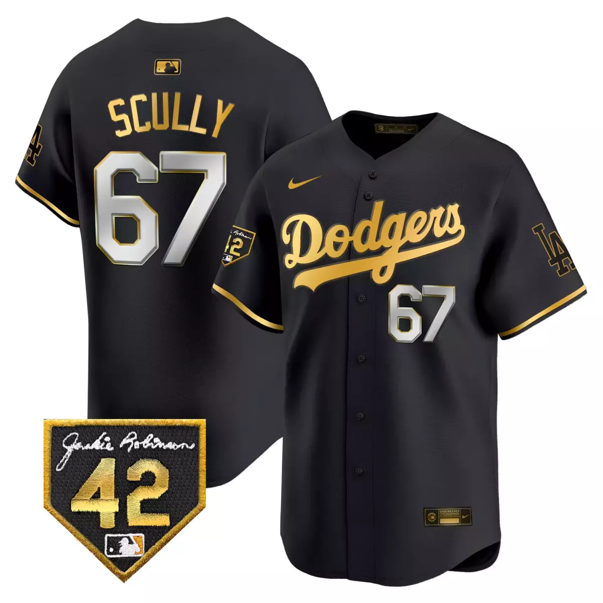 los angeles dodgers 67 scully black gold jersey 2024 jackie robinson patch vapor premier limited all stitched