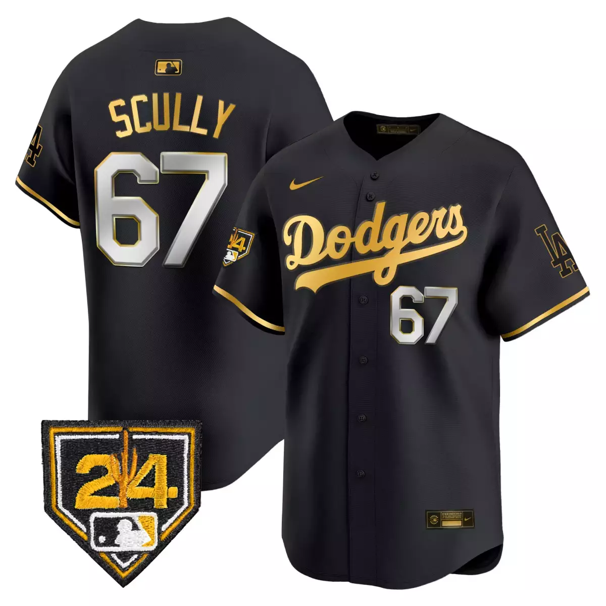 los angeles dodgers 67 scully black gold jersey 2024 jackie robinson patch vapor premier limited all stitched
