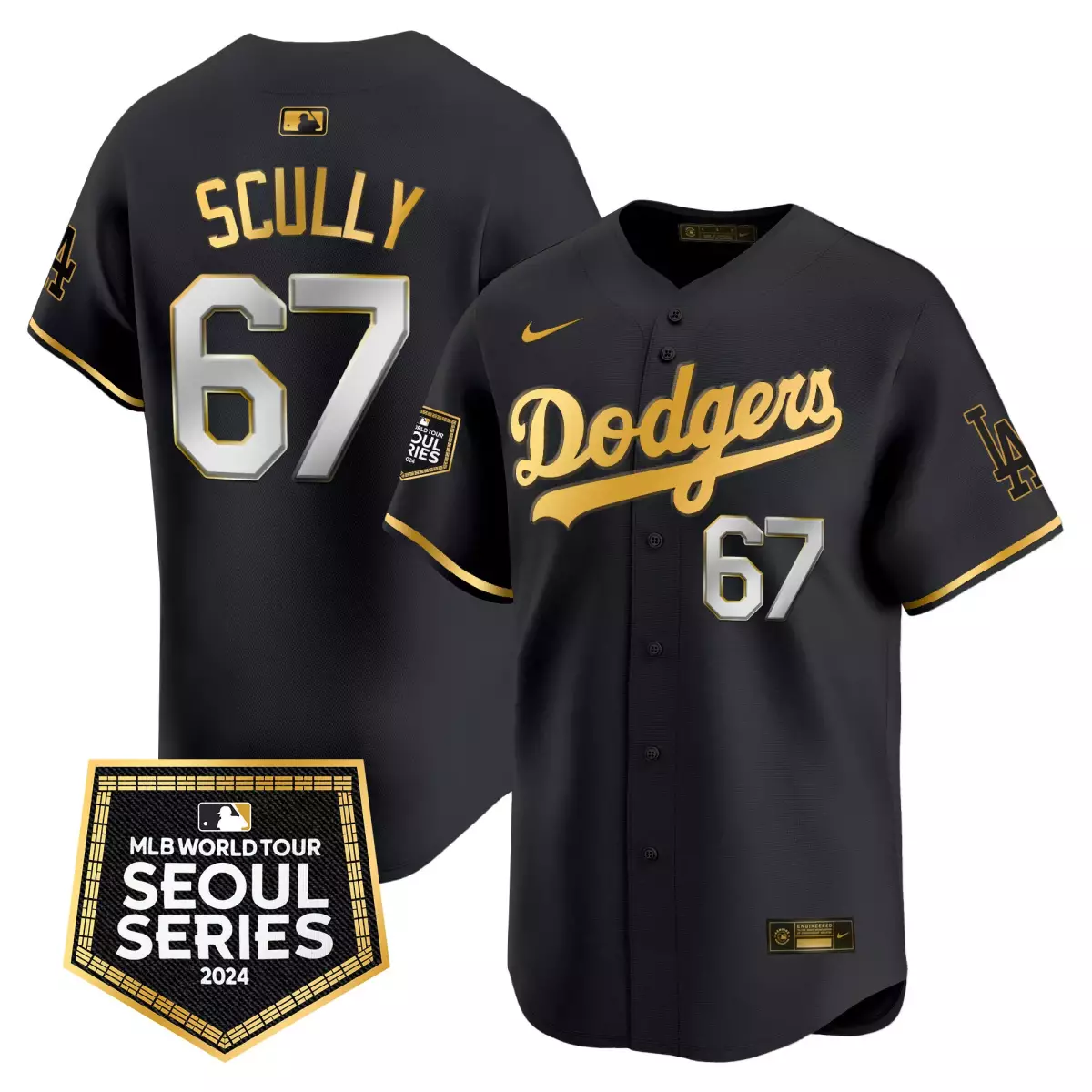 los angeles dodgers 67 scully black gold jersey 2024 jackie robinson patch vapor premier limited all stitched