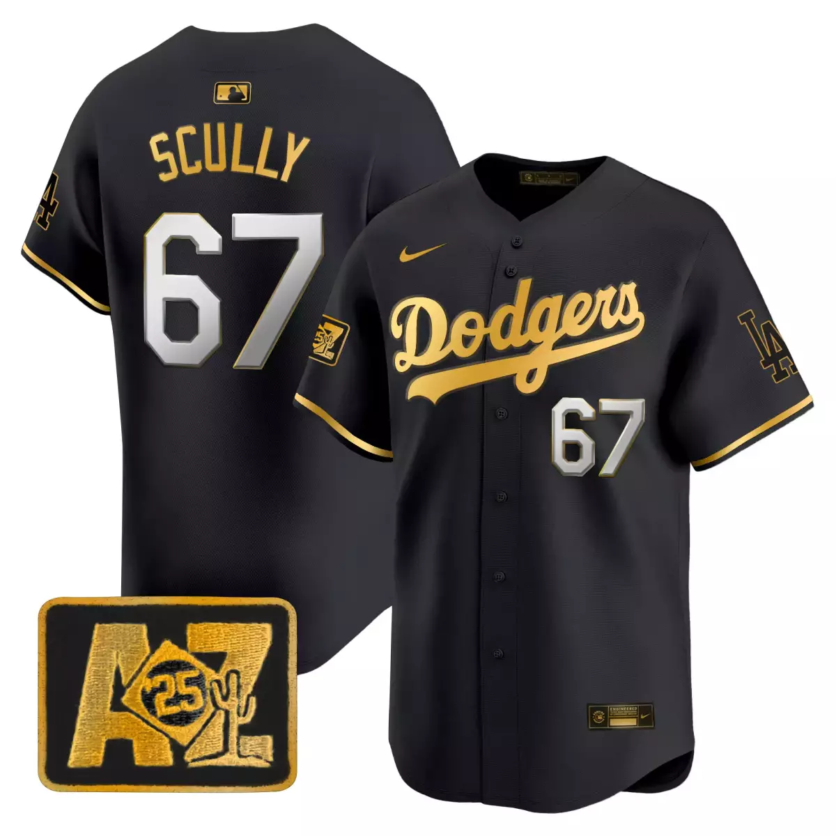 los angeles dodgers 67 scully black gold jersey 2024 jackie robinson patch vapor premier limited all stitched