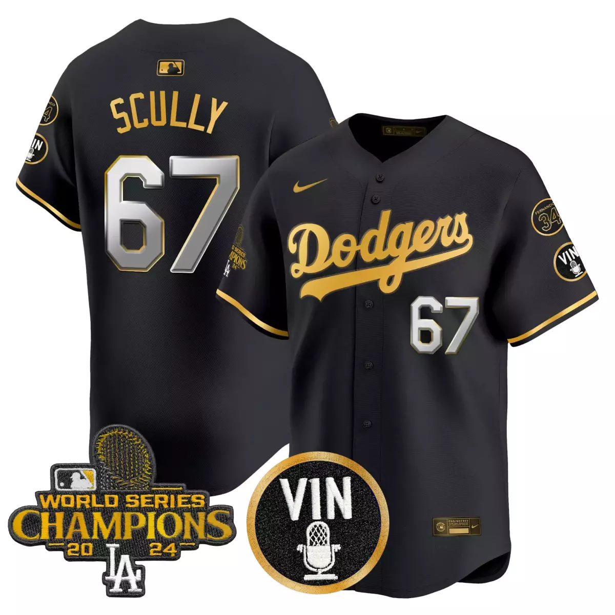 los angeles dodgers 67 scully black gold jersey 2025 vin scully 34 fernando patch gold vapor premier limited all stitche