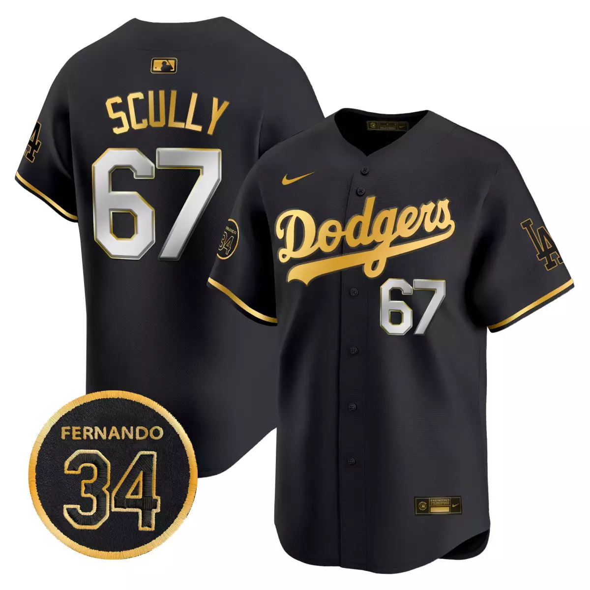 los angeles dodgers 67 scully black gold jersey 2025 vin scully 34 fernando patch gold vapor premier limited all stitche