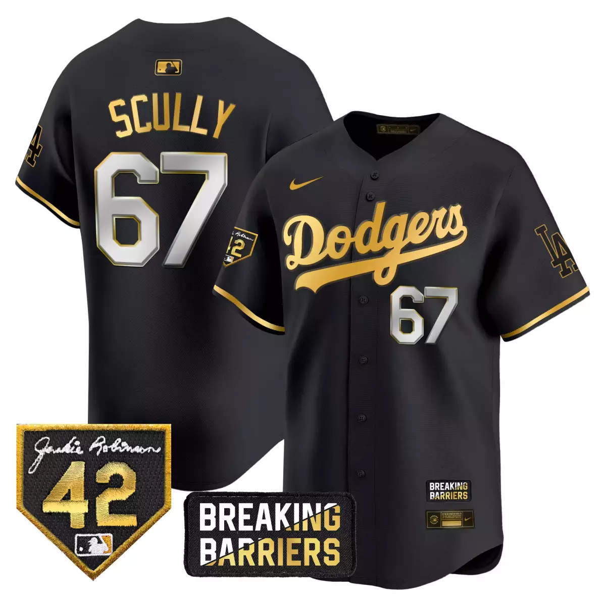 los angeles dodgers 67 scully black gold jersey 2025 vin scully 34 fernando patch gold vapor premier limited all stitche