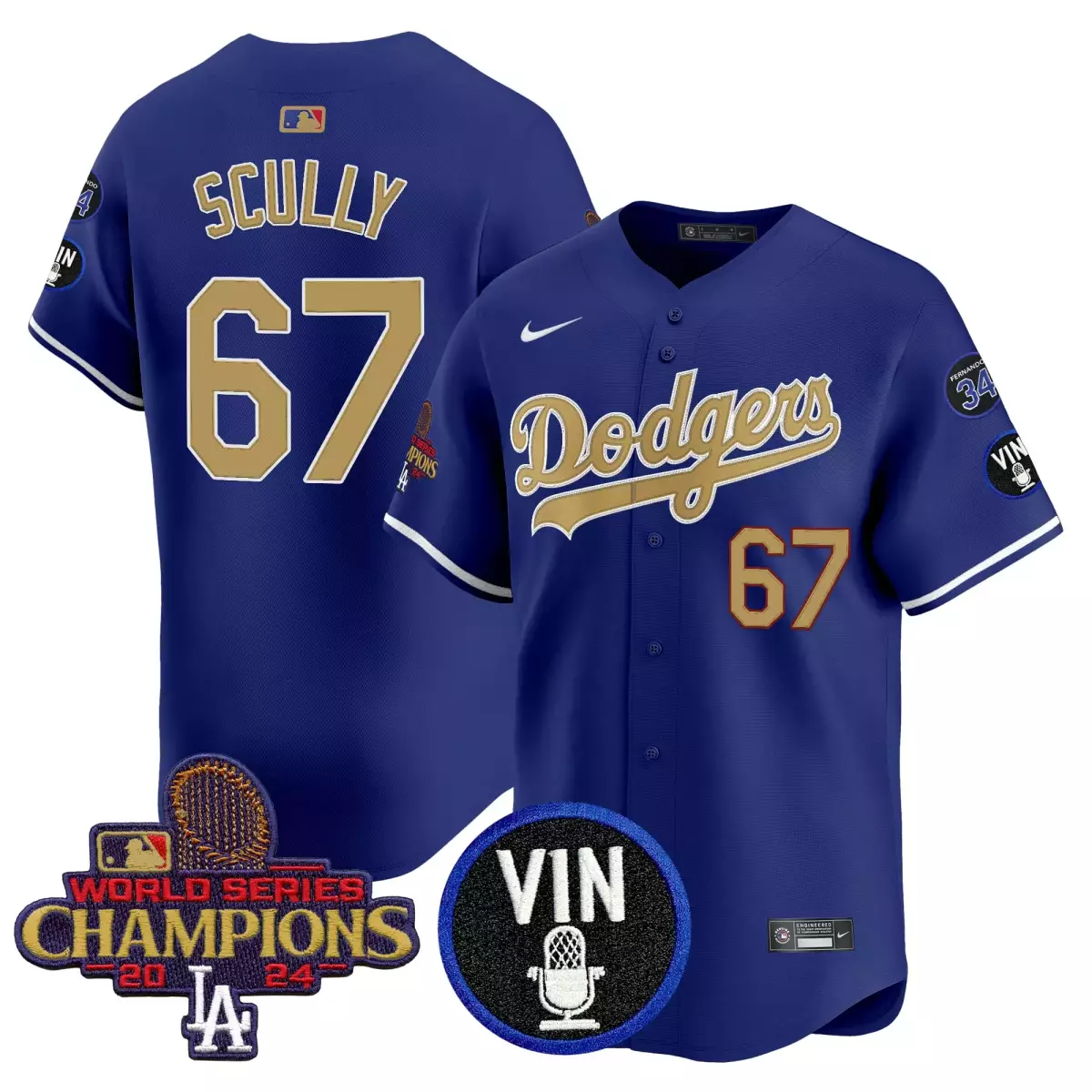 los angeles dodgers 67 scully navy jersey 2025 vin scully 34 fernando patch gold vapor premier limited all stitched