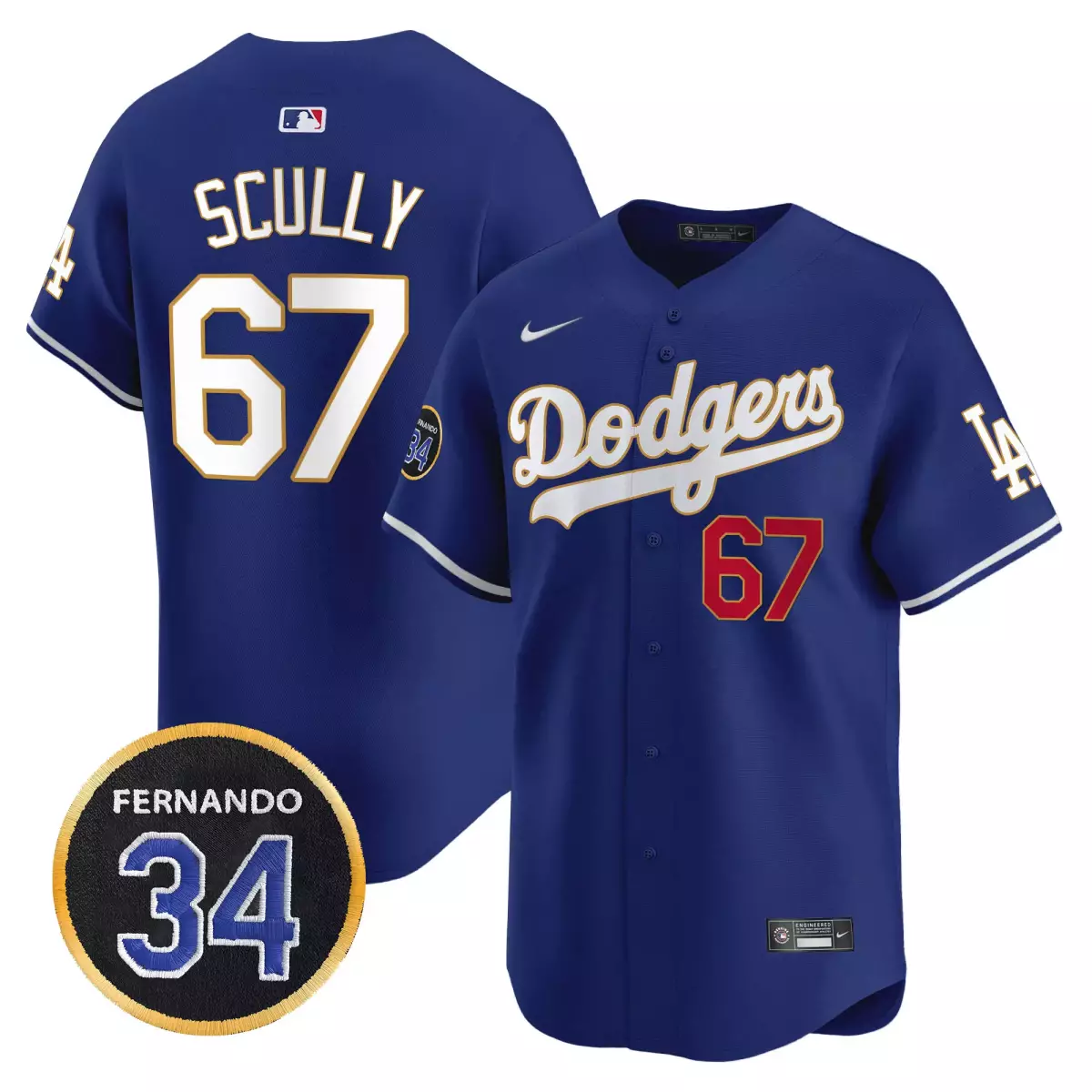 los angeles dodgers 67 scully navy jersey 2025 vin scully 34 fernando patch gold vapor premier limited all stitched