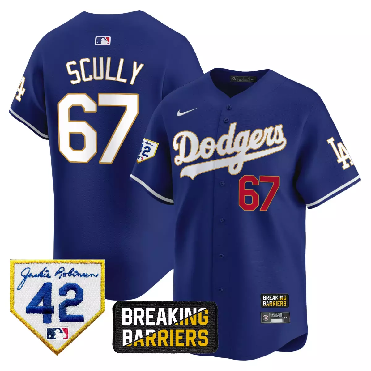 los angeles dodgers 67 scully navy jersey 2025 vin scully 34 fernando patch gold vapor premier limited all stitched