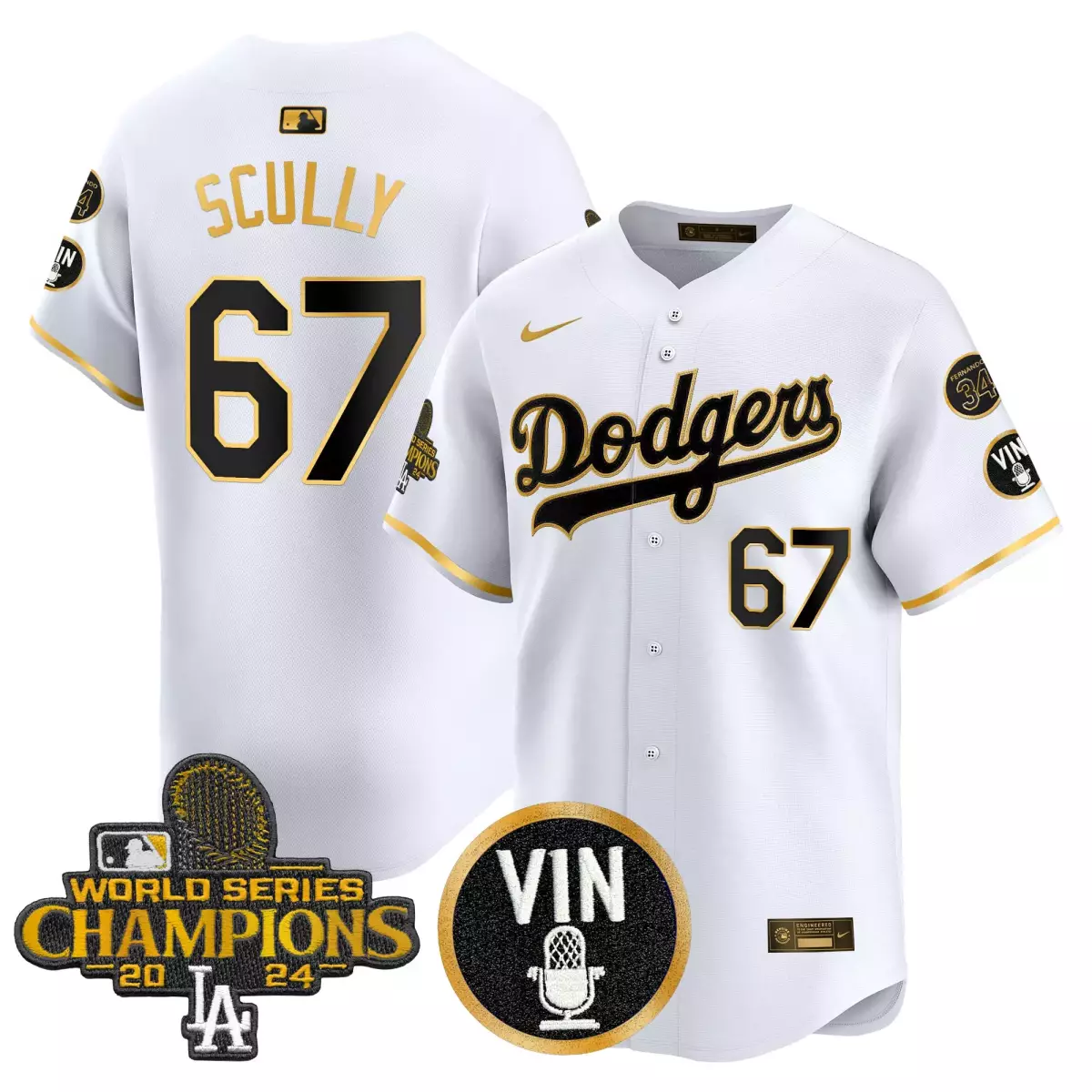 los angeles dodgers 67 scully white gold jersey 2025 spring training patch vapor premier limited all stitched