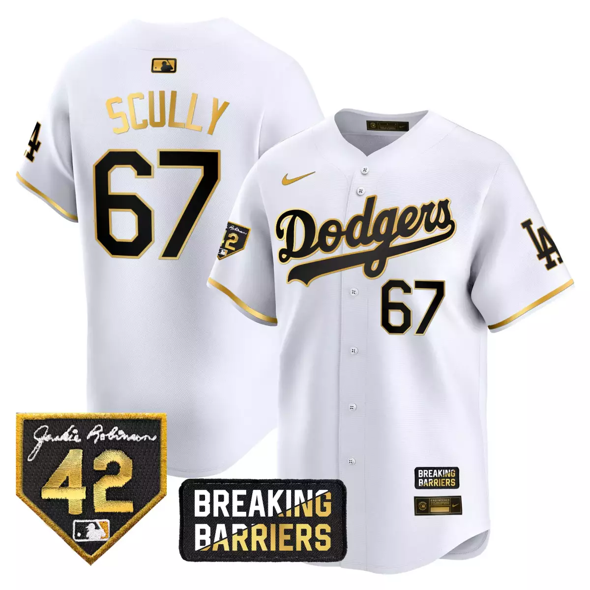 los angeles dodgers 67 scully white gold jersey jackie robinson breaking barriers patch vapor premier limited all stitch