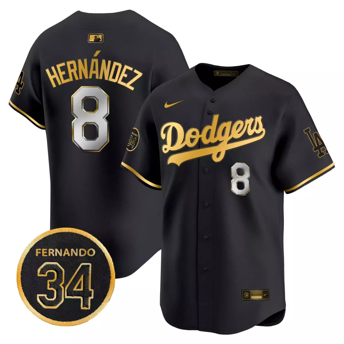 los angeles dodgers 8 hernandez black gold jersey 2025 spring training patch vapor premier limited all stitched