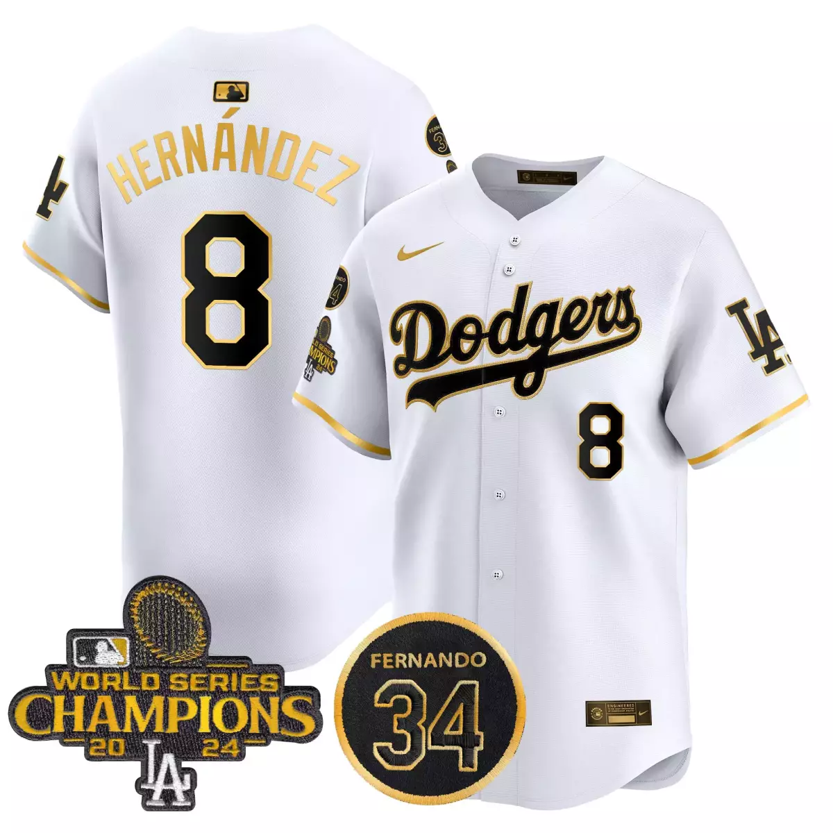 los angeles dodgers 8 hernandez white gold jersey 2025 34 fernando patch gold vapor premier limited all stitched