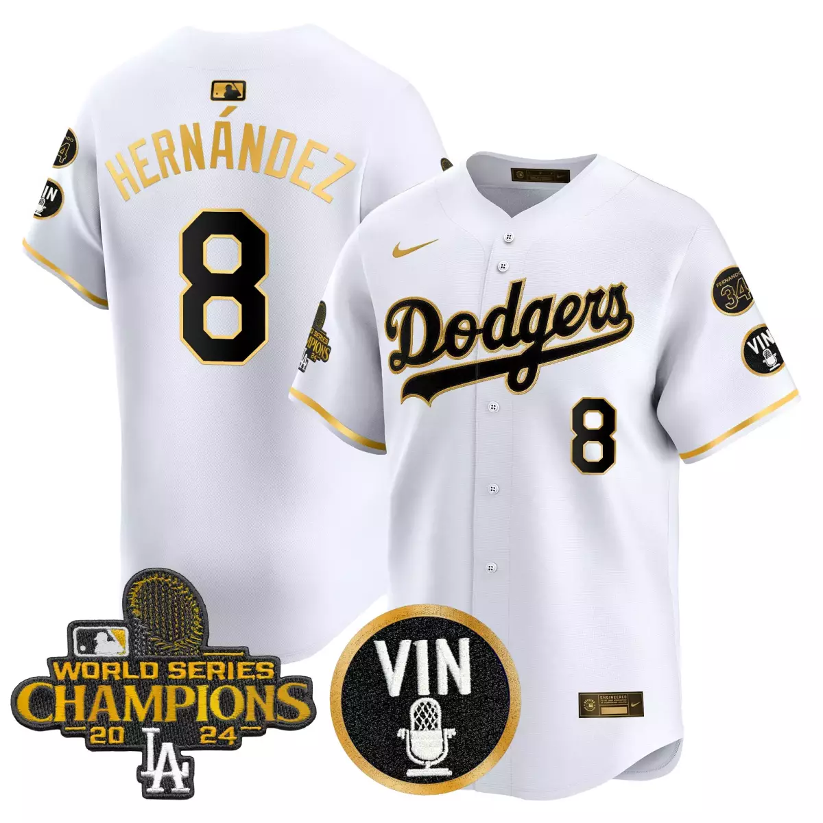 los angeles dodgers 8 hernandez white gold jersey 2025 34 fernando patch gold vapor premier limited all stitched