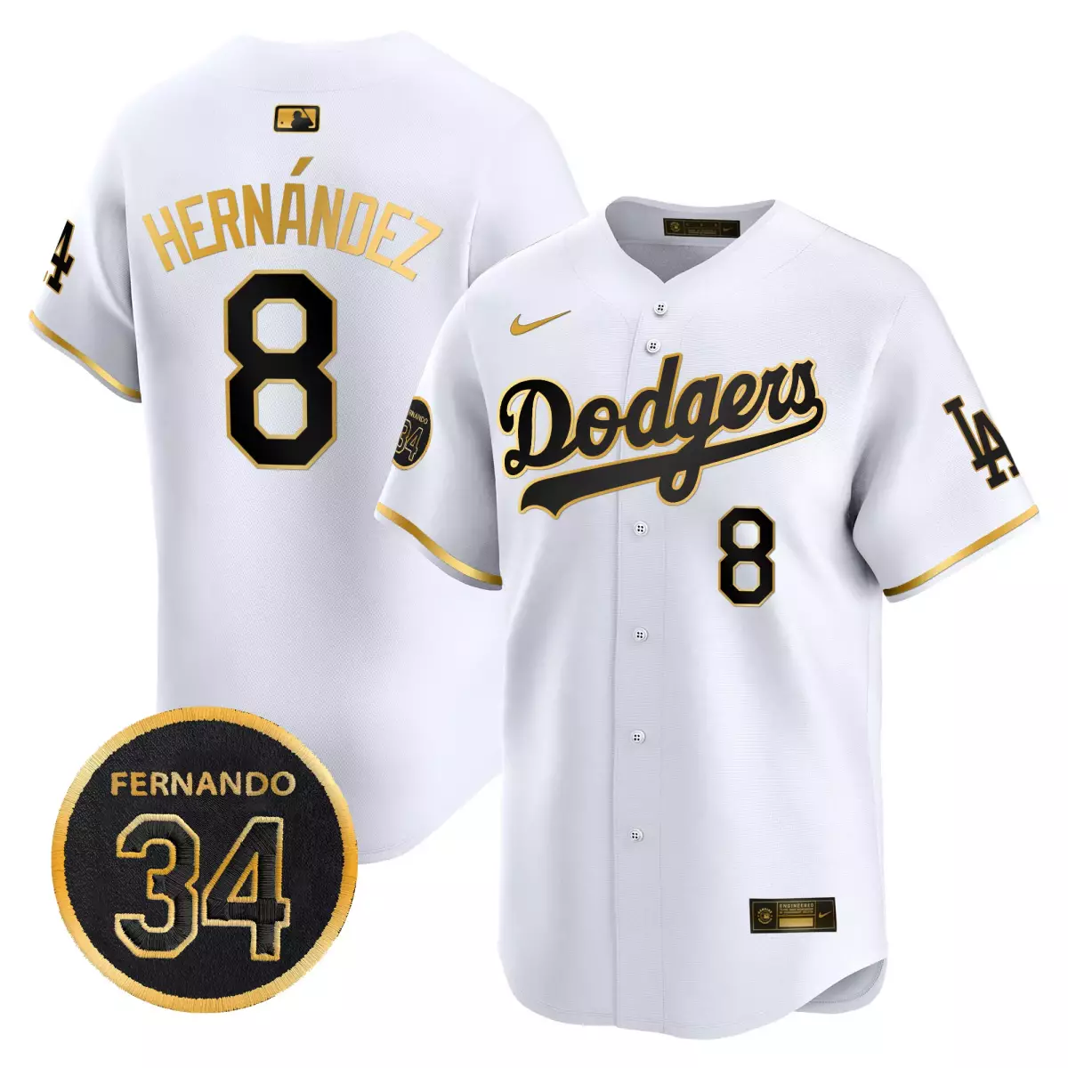 los angeles dodgers 8 hernandez white gold jersey 2025 34 fernando patch gold vapor premier limited all stitched