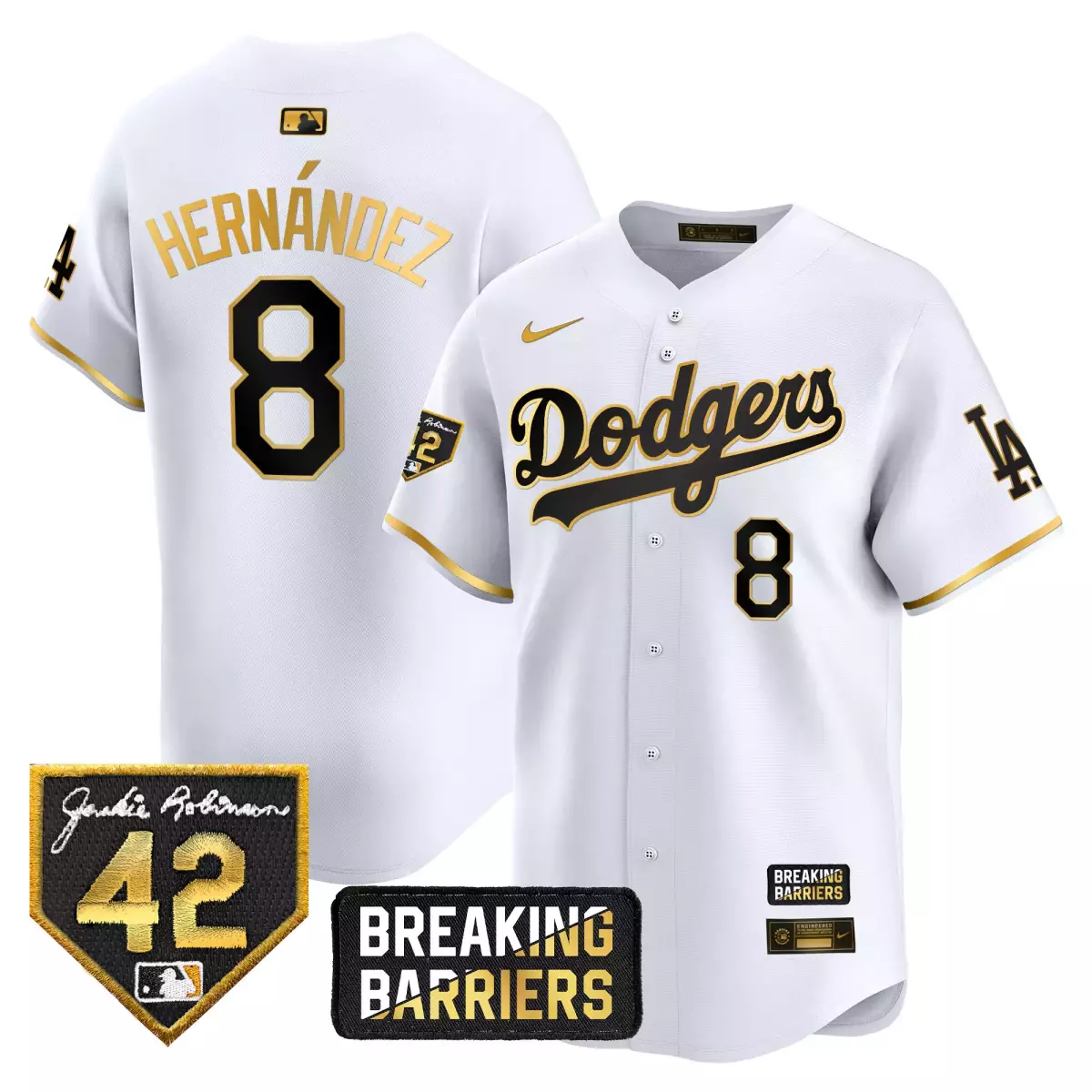 los angeles dodgers 8 hernandez white gold jersey 2025 34 fernando patch gold vapor premier limited all stitched