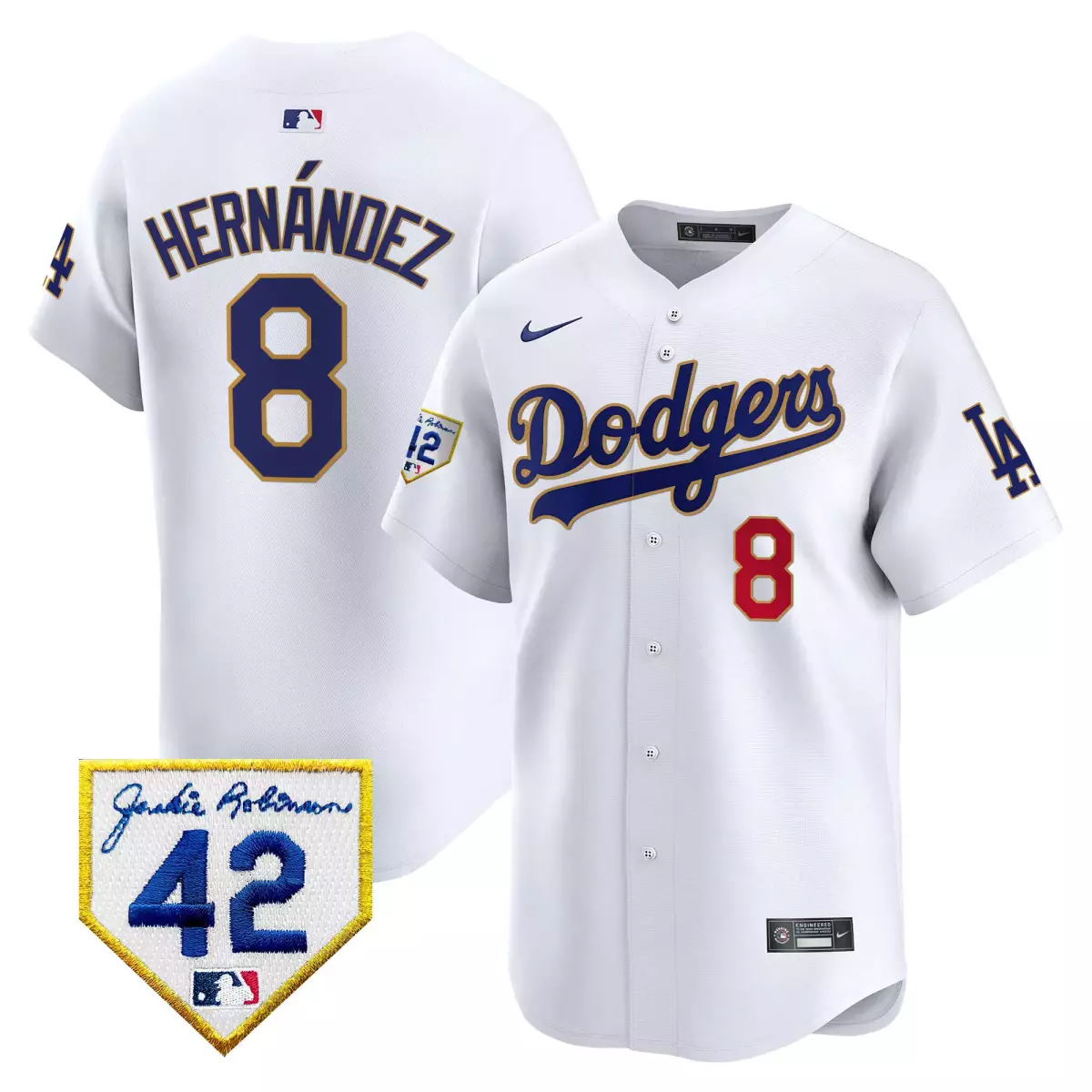 los angeles dodgers 8 hernandez white jersey 2024 jackie robinson patch vapor premier limited all stitched 6