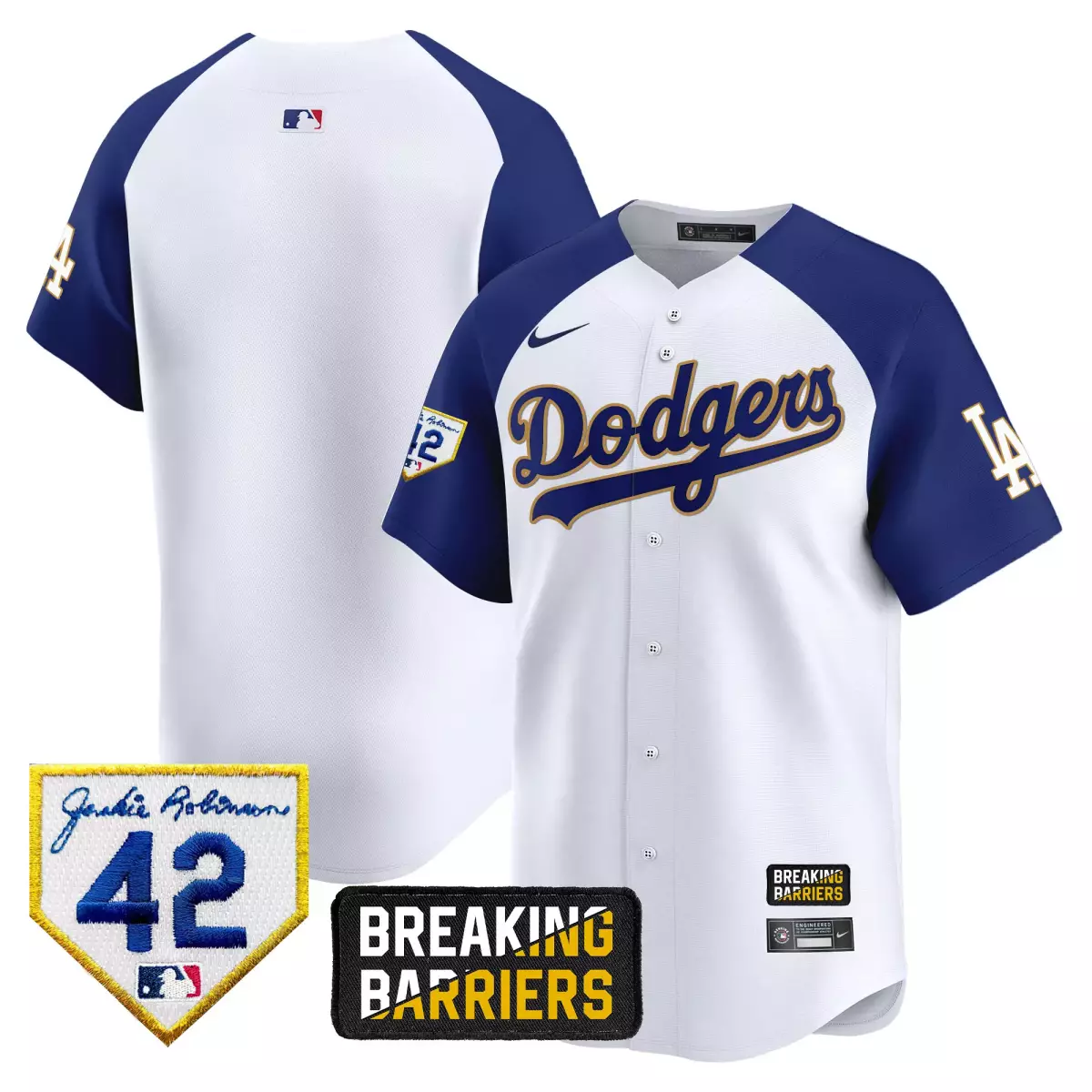 los angeles dodgers white jersey jackie robinson breaking barriers patch vapor premier limited all stitched w0