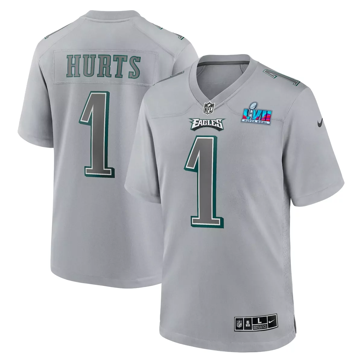 philadelphia eagles jalen hurts gray super bowl lvii patch atmosphere fashion game jersey 7hr