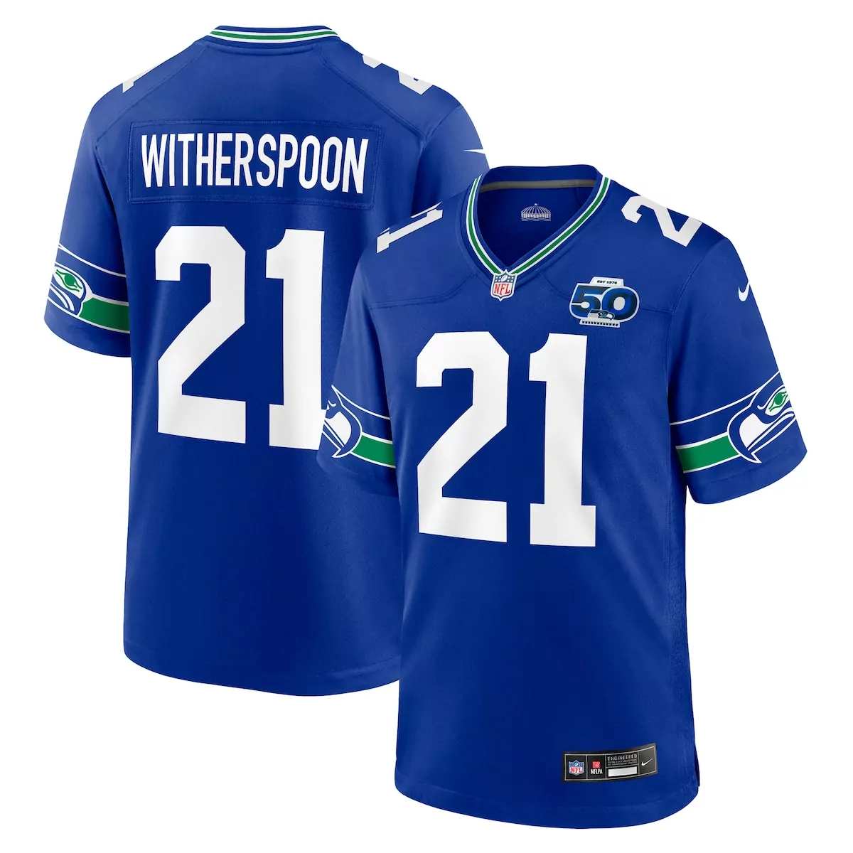 seattle seahawks devon witherspoon royal alternate 50th season game jersey exh