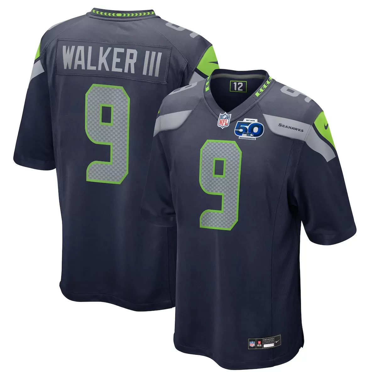 seattle seahawks kenneth walker iii college navy 50th season game jersey