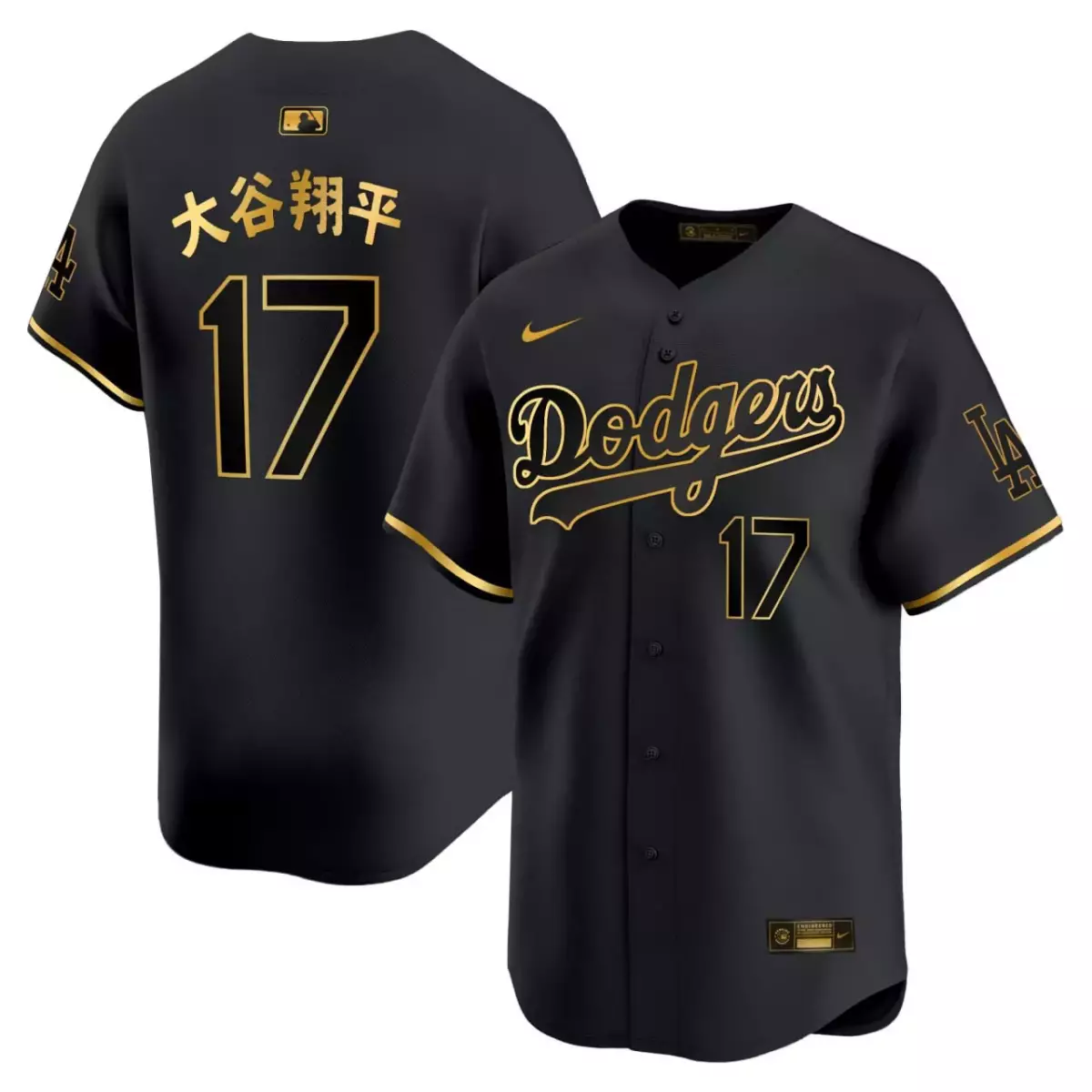 shohei ohtani kanji los angeles dodgers black gold jersey all stitched