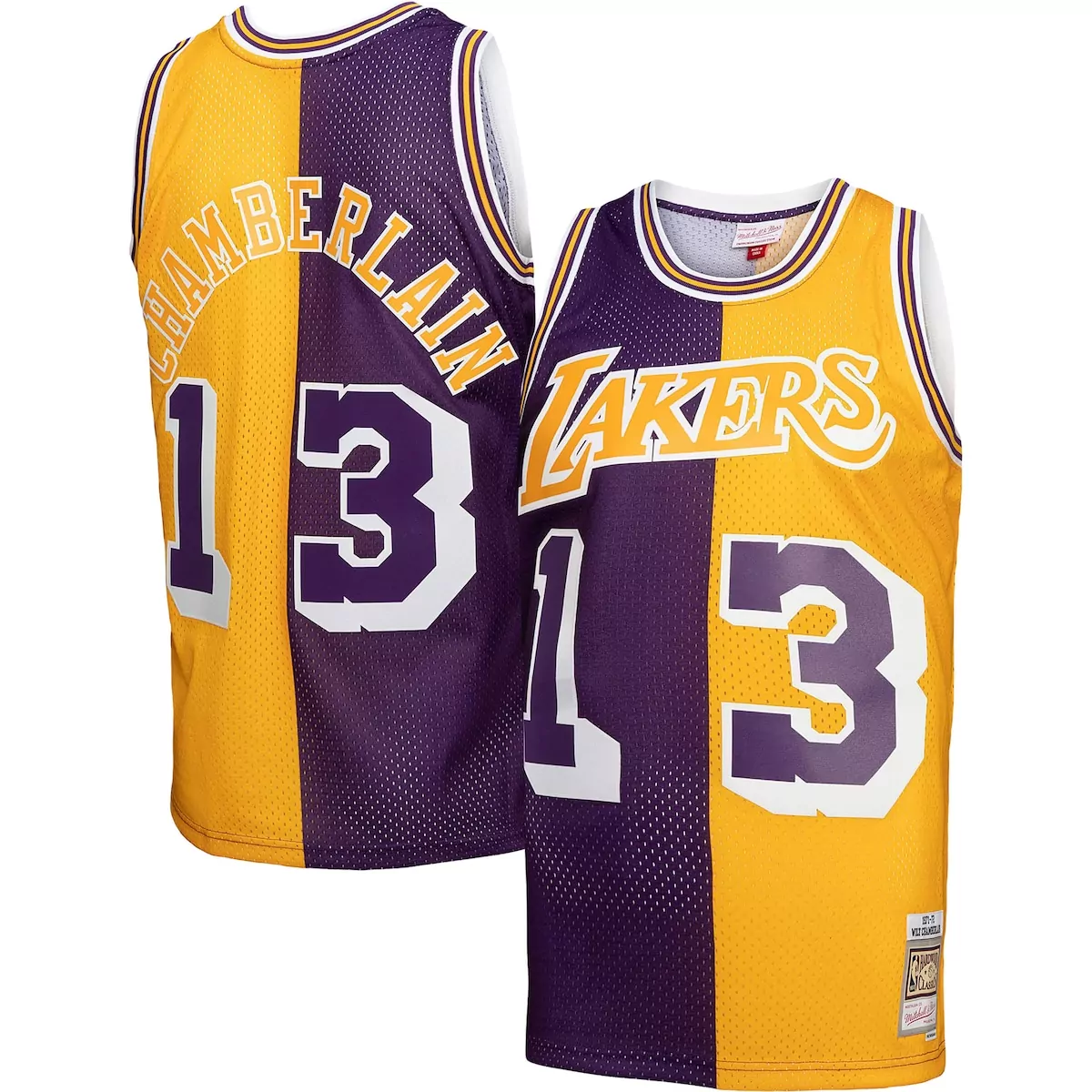 wilt chamberlain purple gold los angeles lakers hardwood classics 1971 72 split jersey