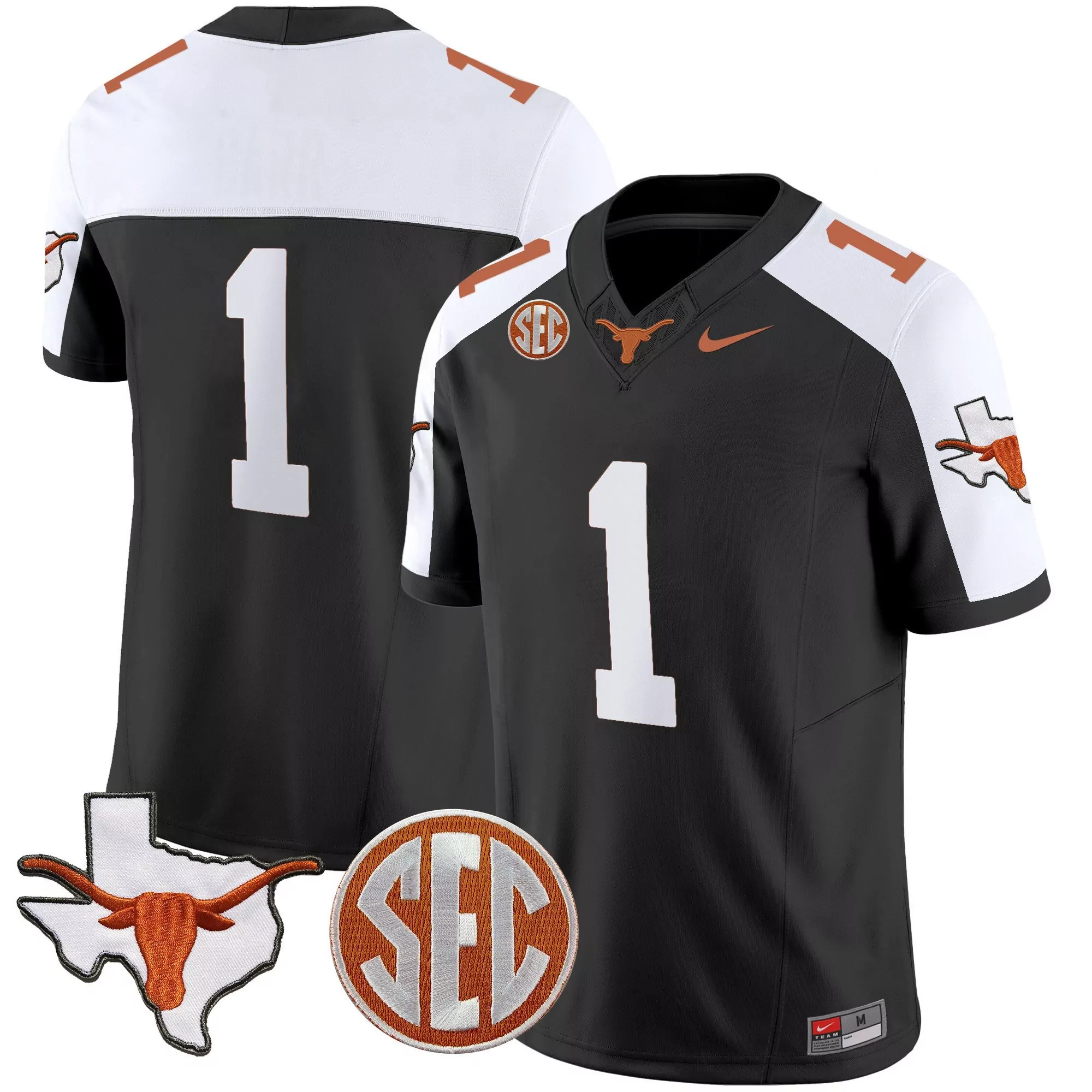 1 team black alternate mens texas longhorns state map sec patch vapor jersey all stitched