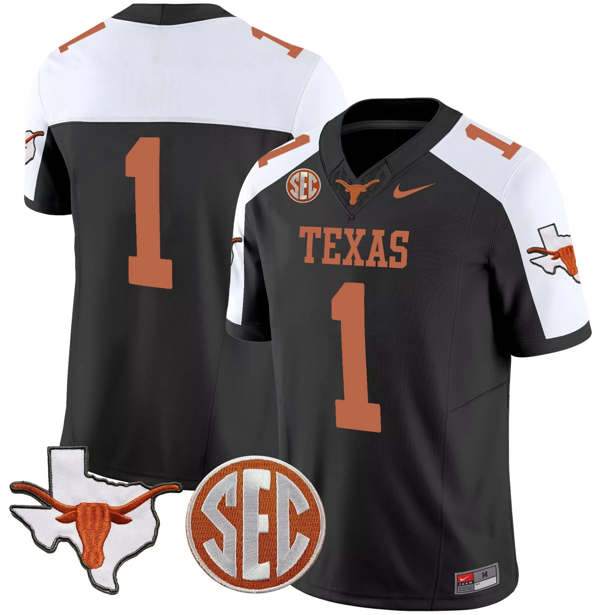 1 team black alternate mens texas longhorns state map sec patch vapor jersey all stitched