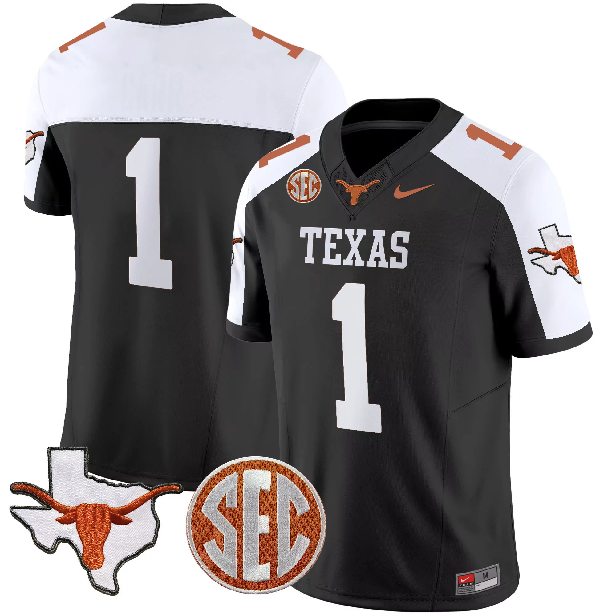 1 team black alternate mens texas longhorns state map sec patch vapor jersey all stitched