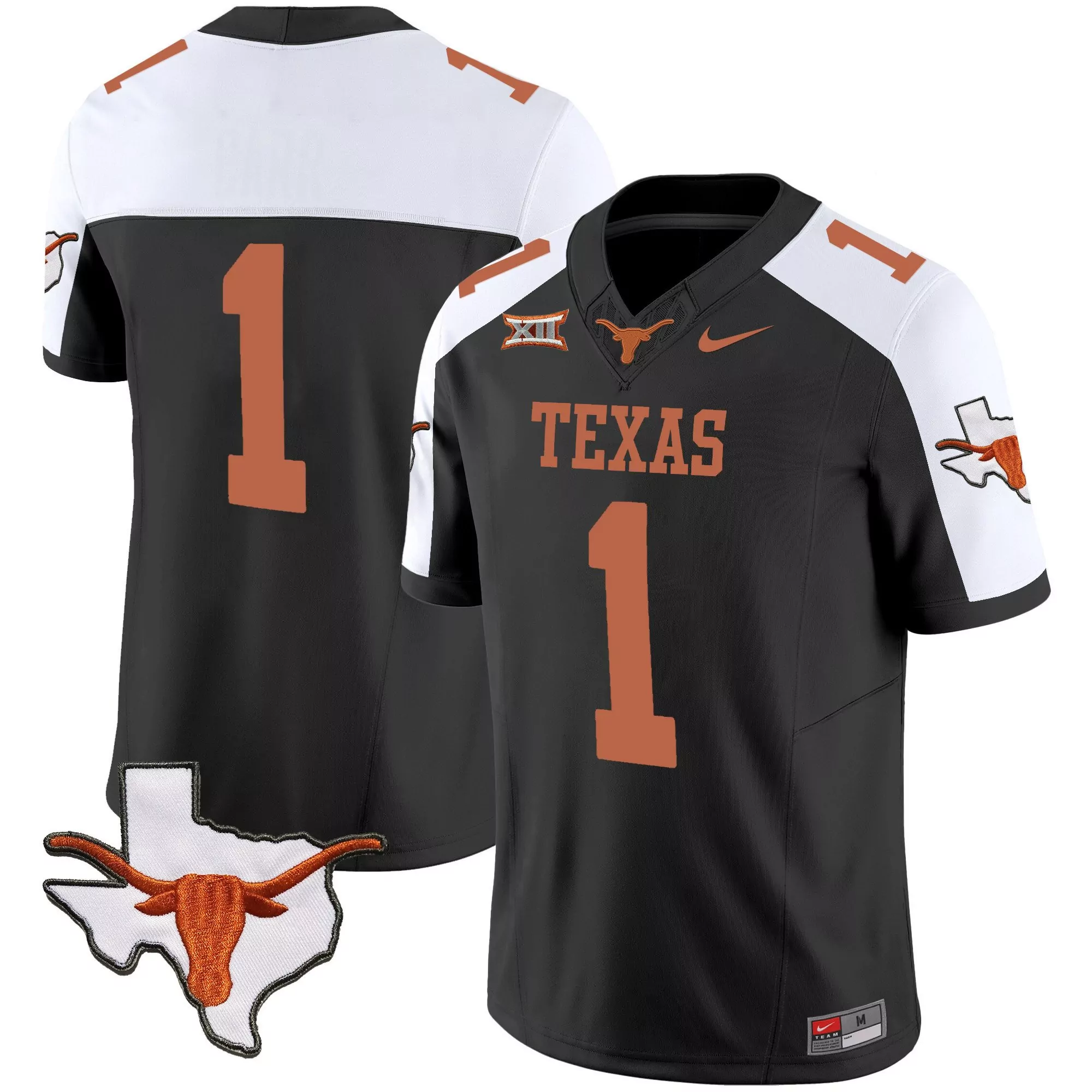 1 team black alternate mens texas longhorns state map sec patch vapor jersey all stitched
