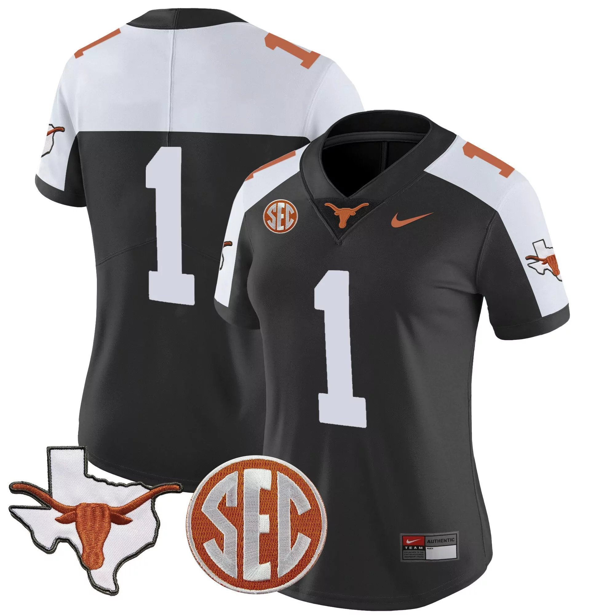 1 team black alternate womens texas longhorns state map sec patch vapor jersey all stitched