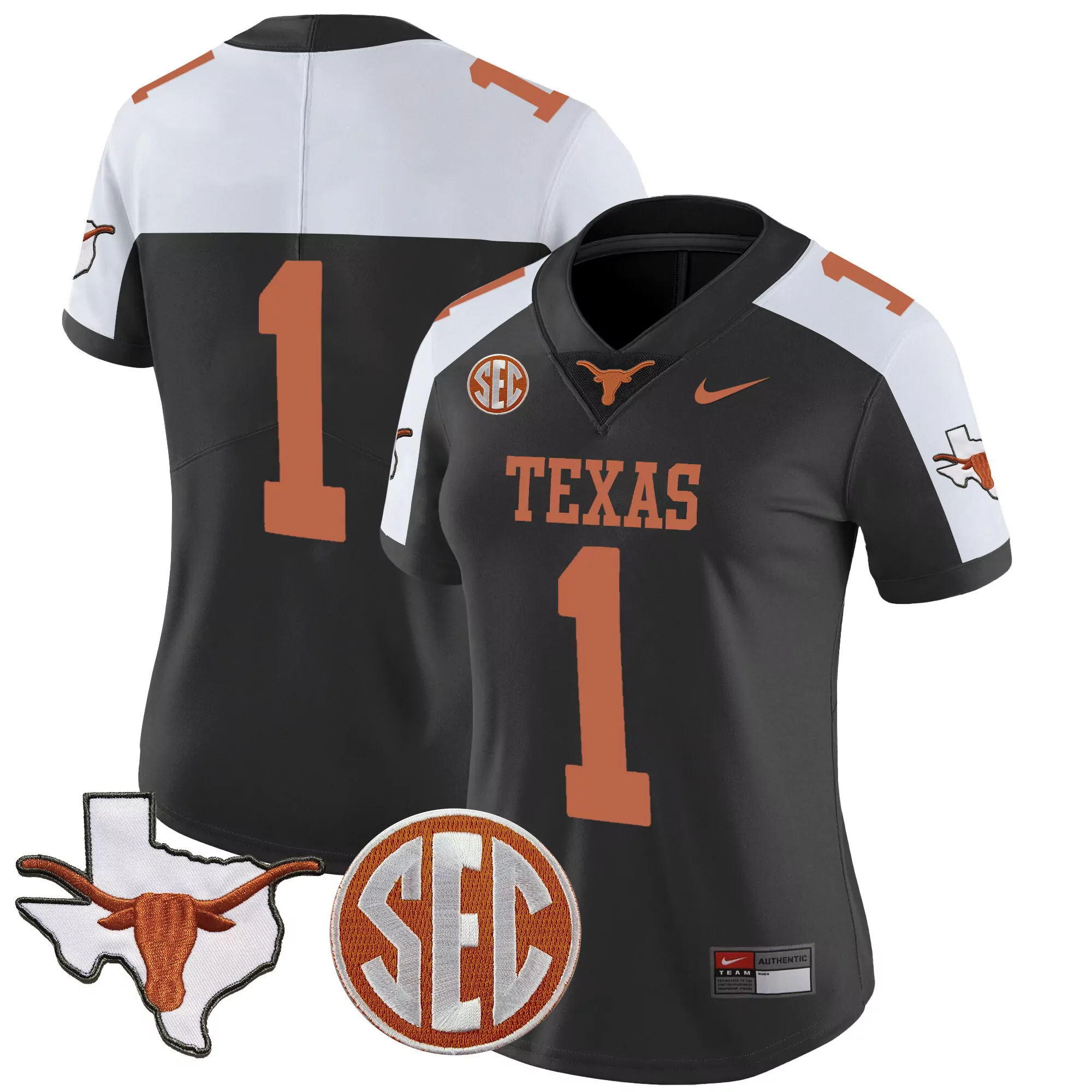 1 team black alternate womens texas longhorns state map sec patch vapor jersey all stitched