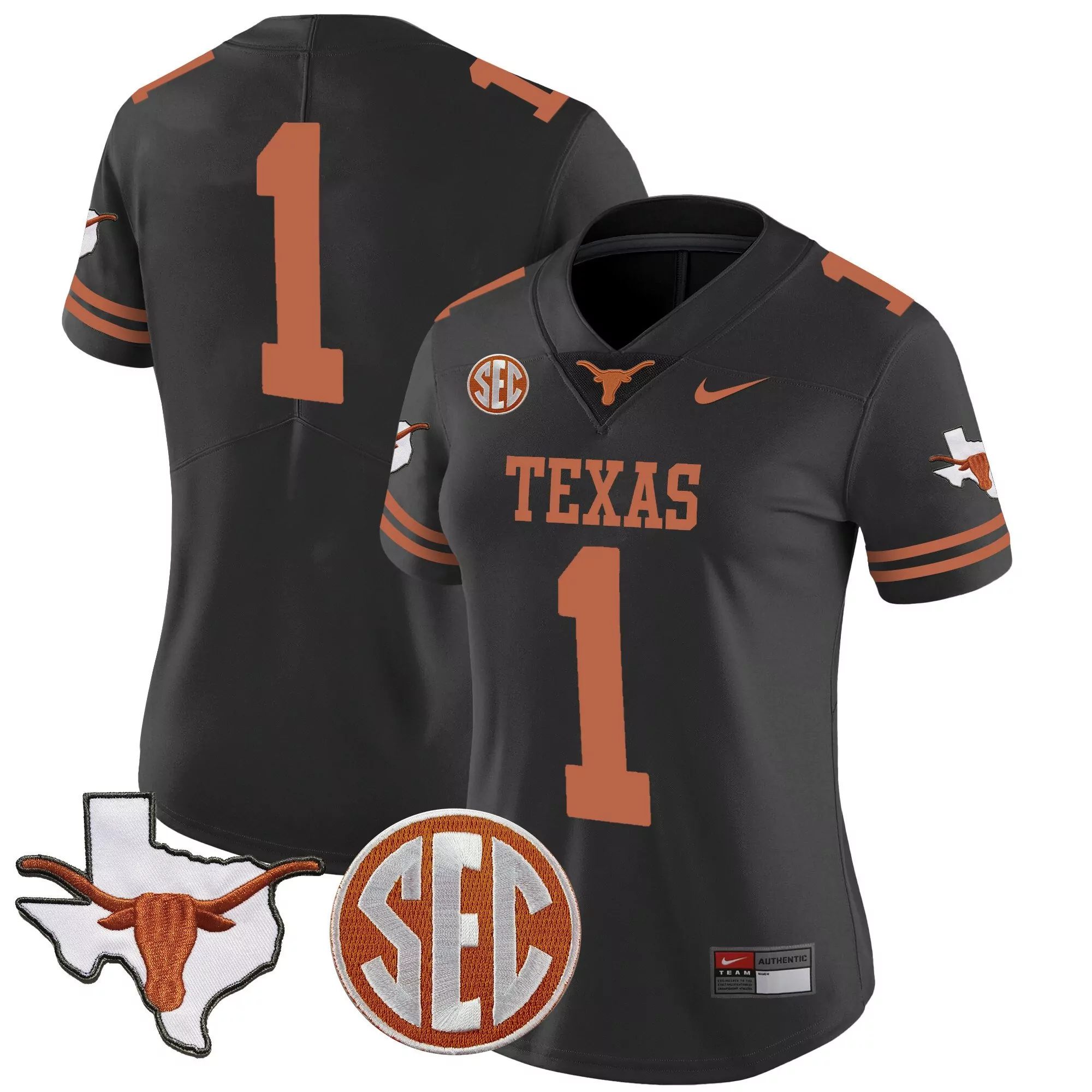 1 team black womens texas longhorns state map sec patch vapor jersey v2 all stitched