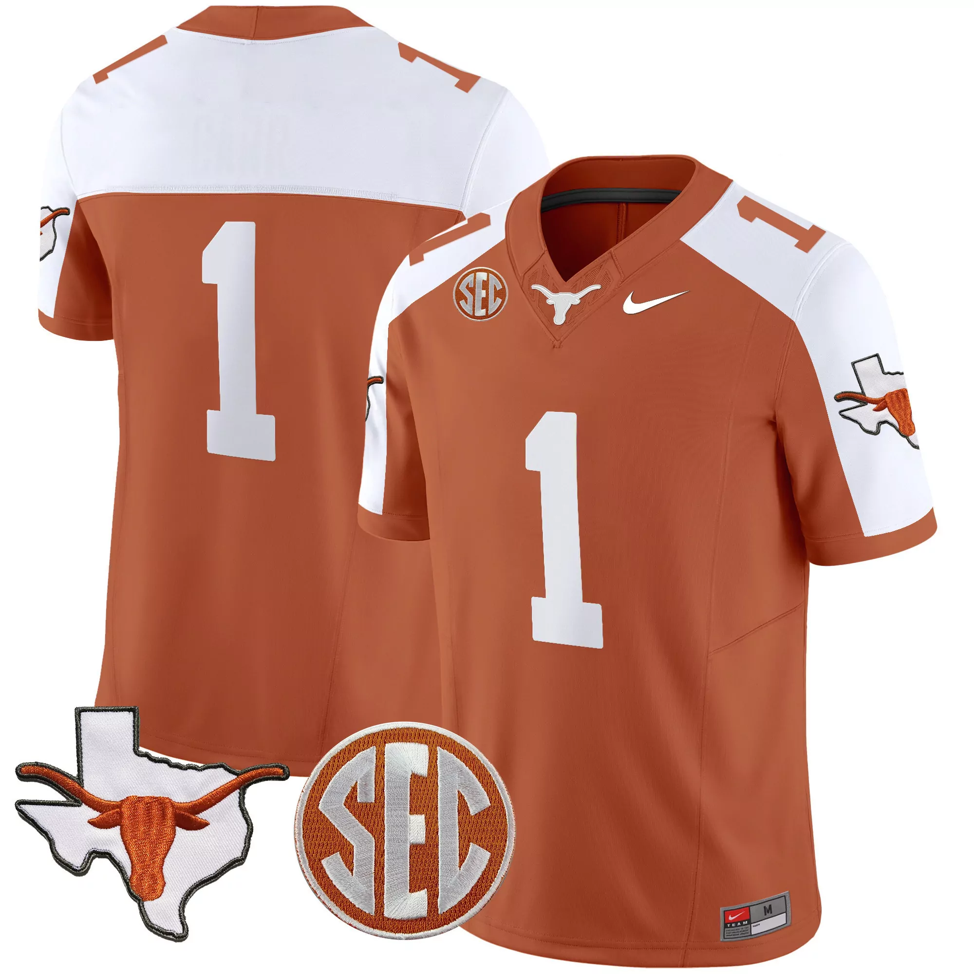 1 team orange alternate mens texas longhorns state map sec patch vapor jersey all stitched