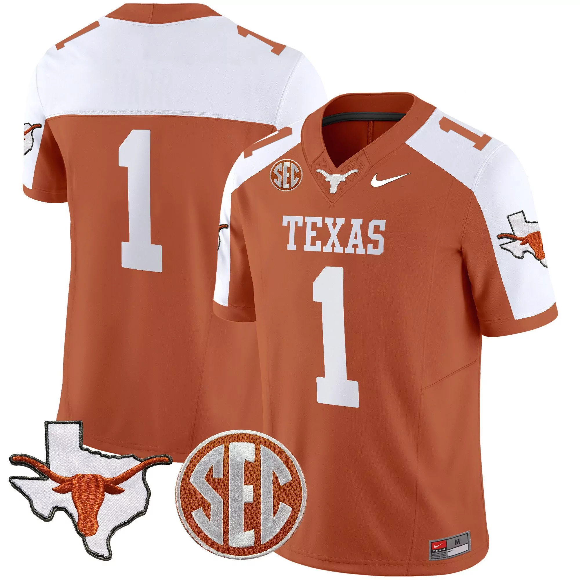 1 team orange alternate mens texas longhorns state map sec patch vapor jersey all stitched
