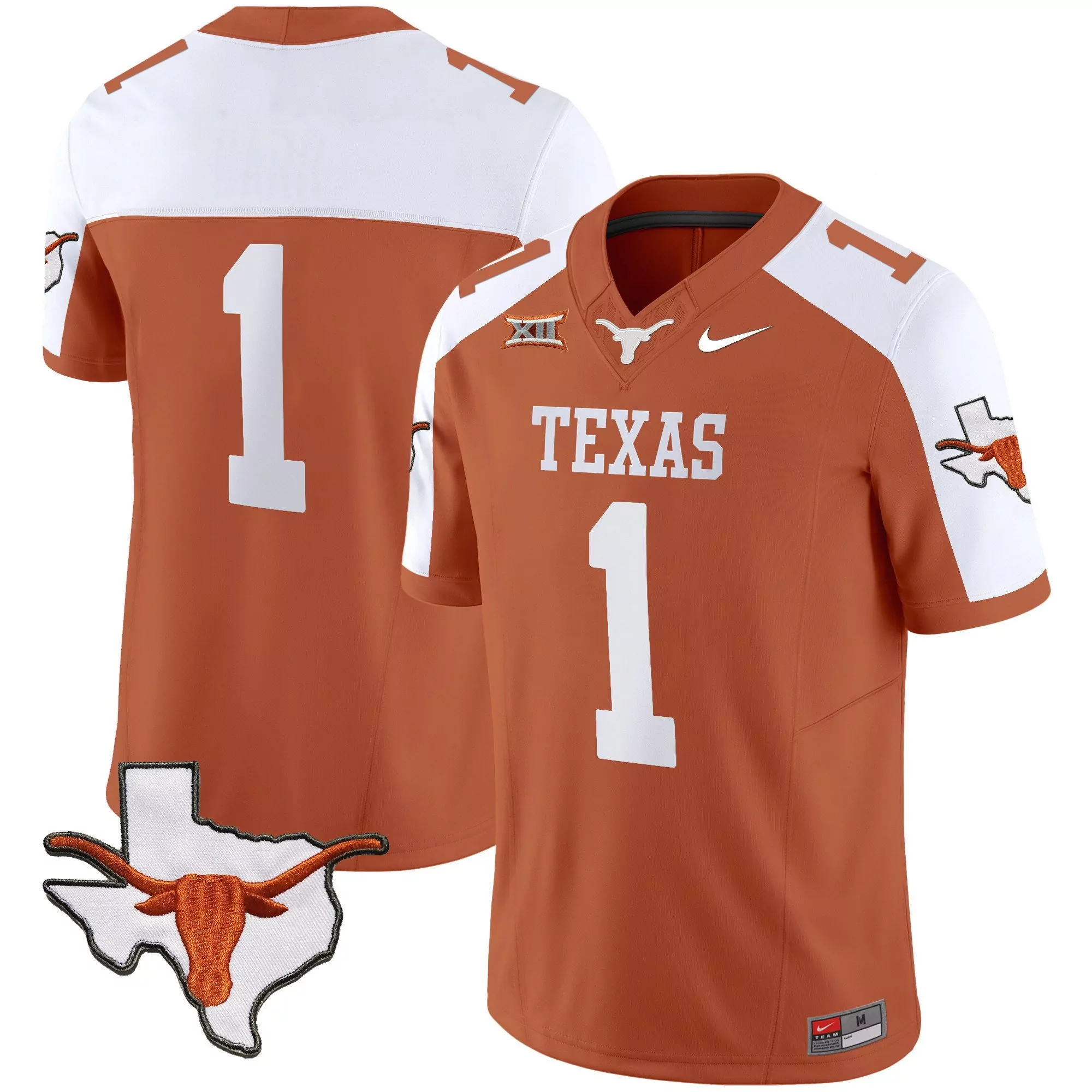 1 team orange alternate mens texas longhorns state map sec patch vapor jersey all stitched