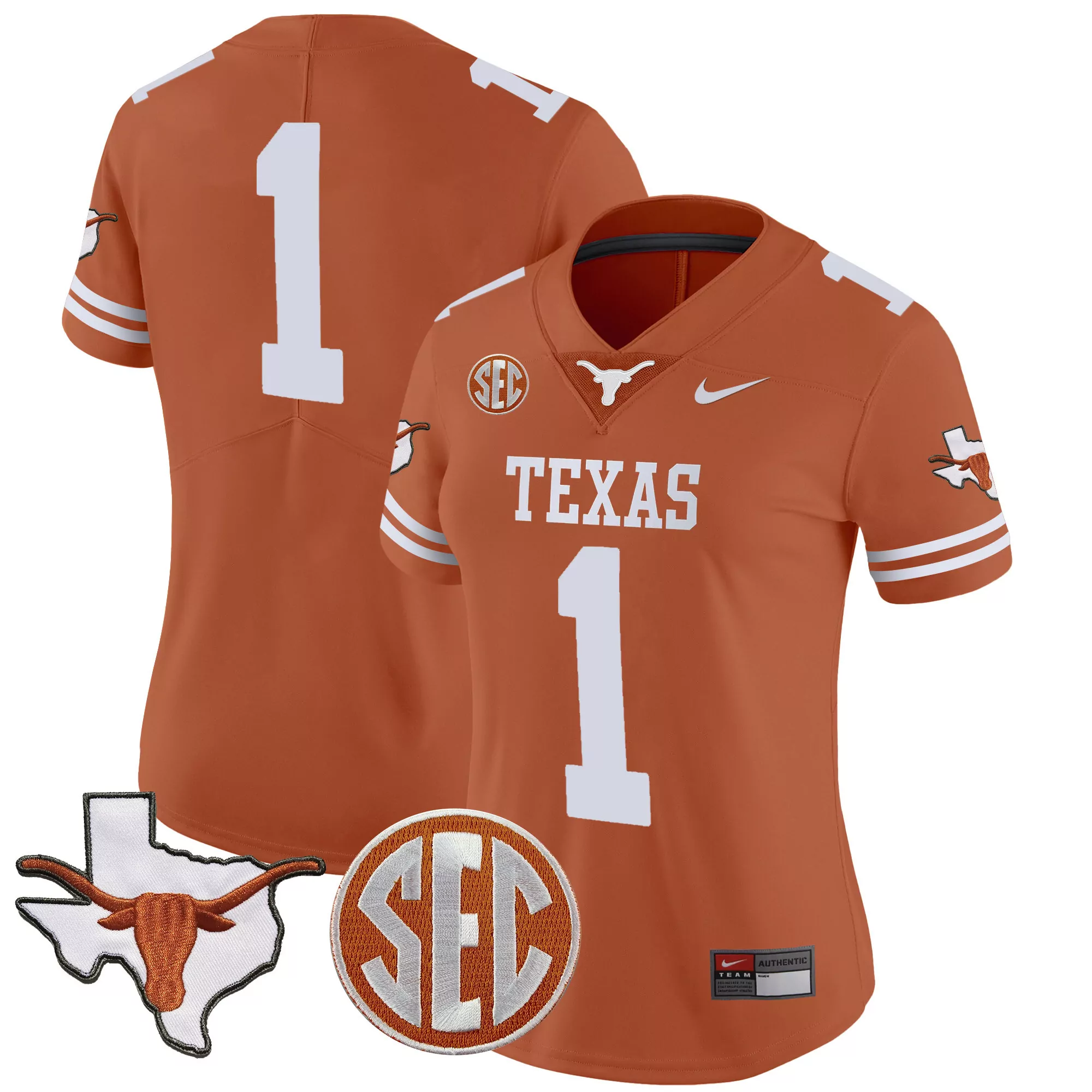 1 team texas orange womens texas longhorns state map sec patch vapor jersey v2 all stitched