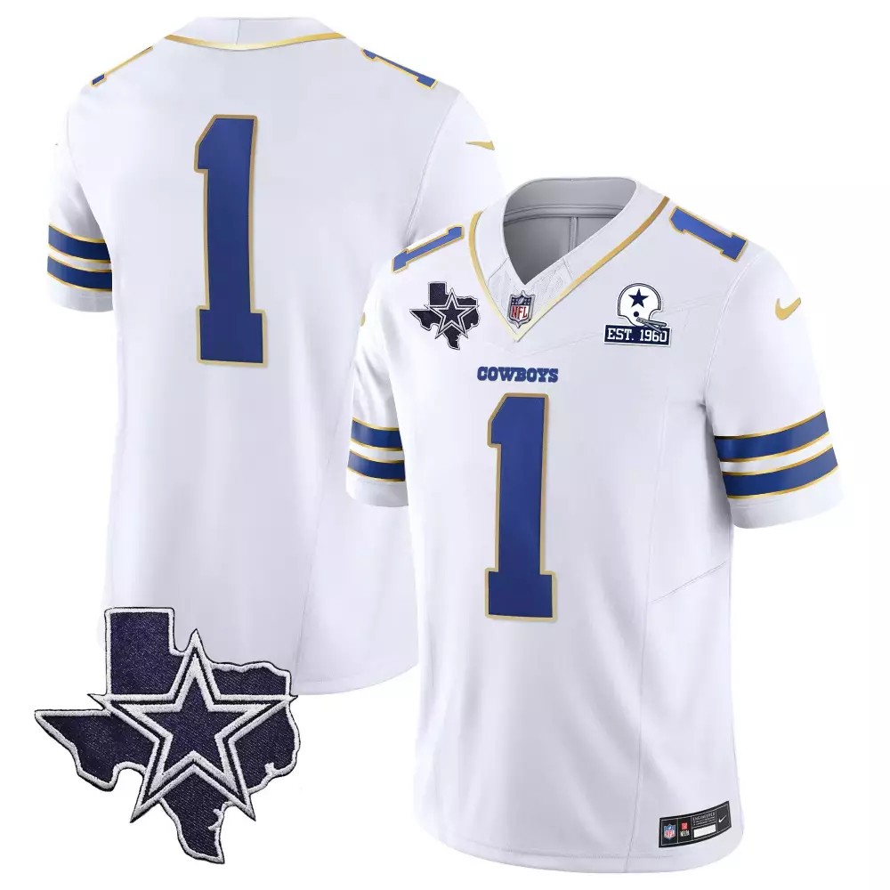 Dallas Cowboys 1 Team White Gold Trim Men's Vapor Gold Jersey V2 | All Stitched | Limited Edition Fan Gear | For Men, Women & Youth