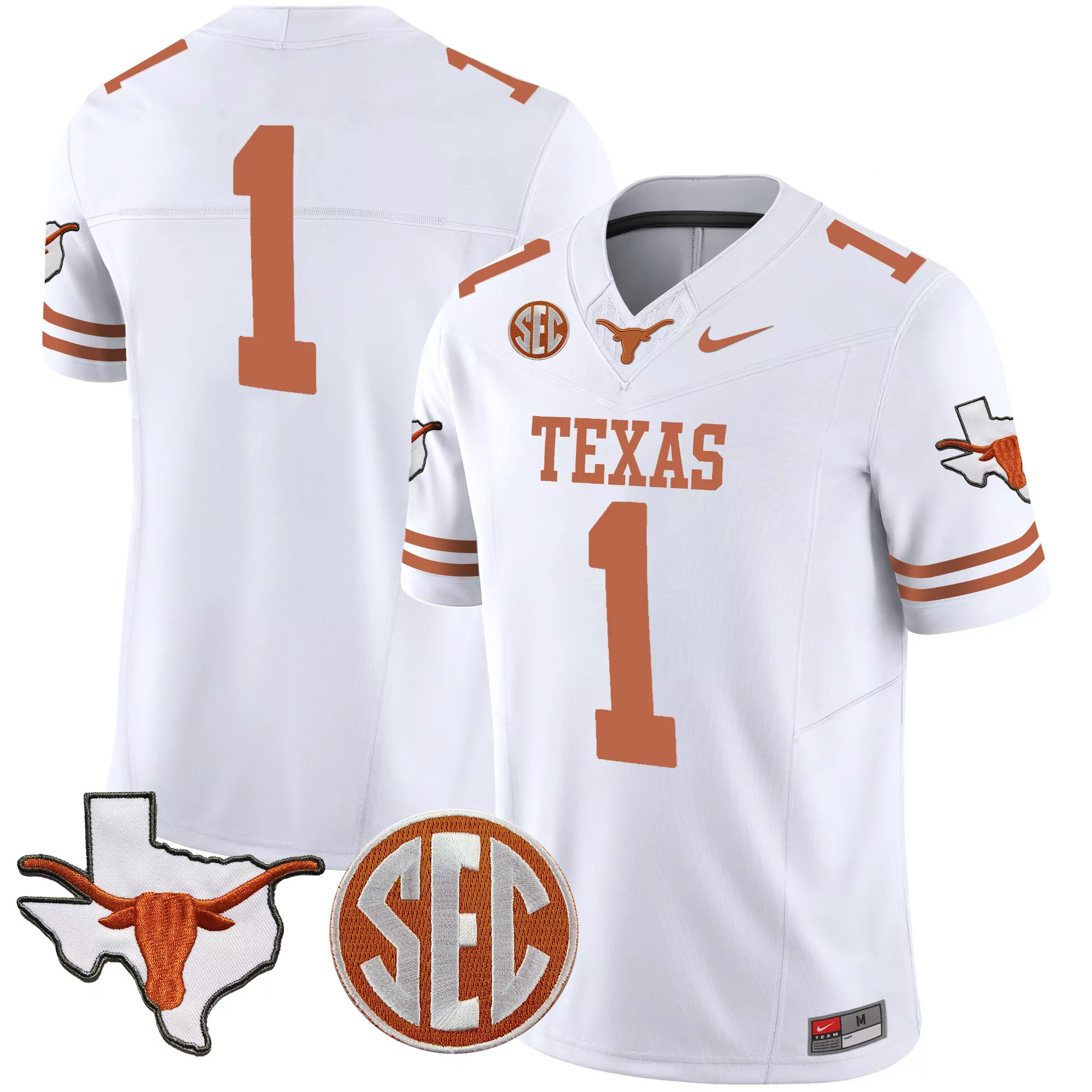 1 team white mens texas longhorns state map sec patch vapor jersey v2 all stitched