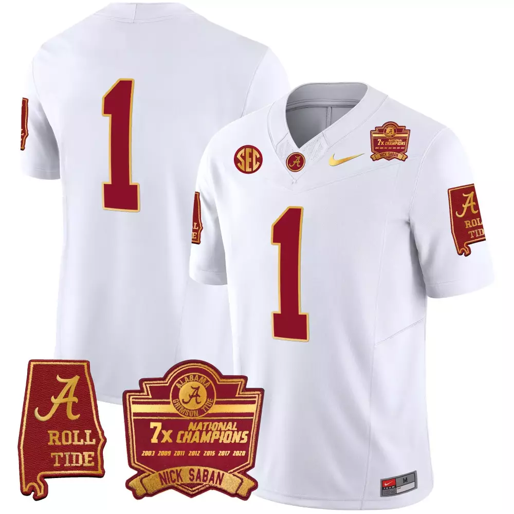 1 team white youths alabama crimson tide nick saban 7x champions patch gold trim jersey all stitched