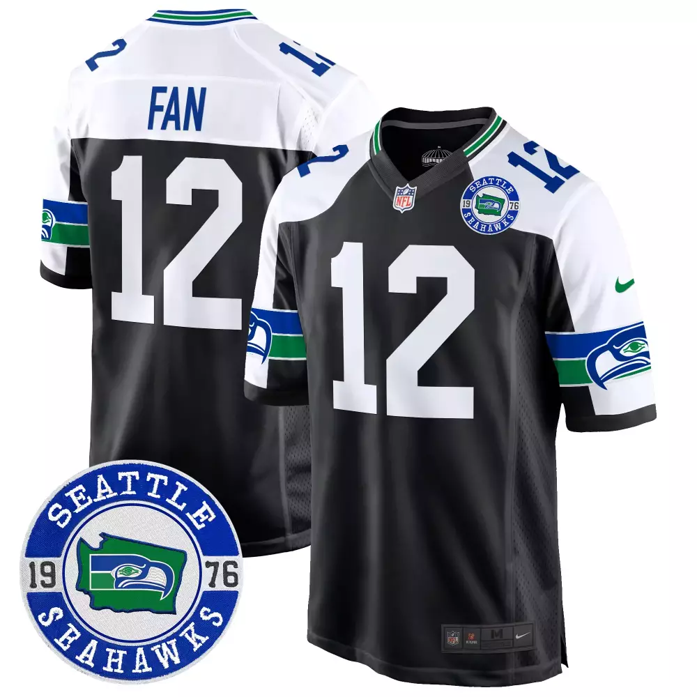 12th Fan Black Alternate Men's Throwback Jersey | Seattle Seahawks EST 1976 Patch Game | All Stitched Fan Gear | For Men, Women & Youth